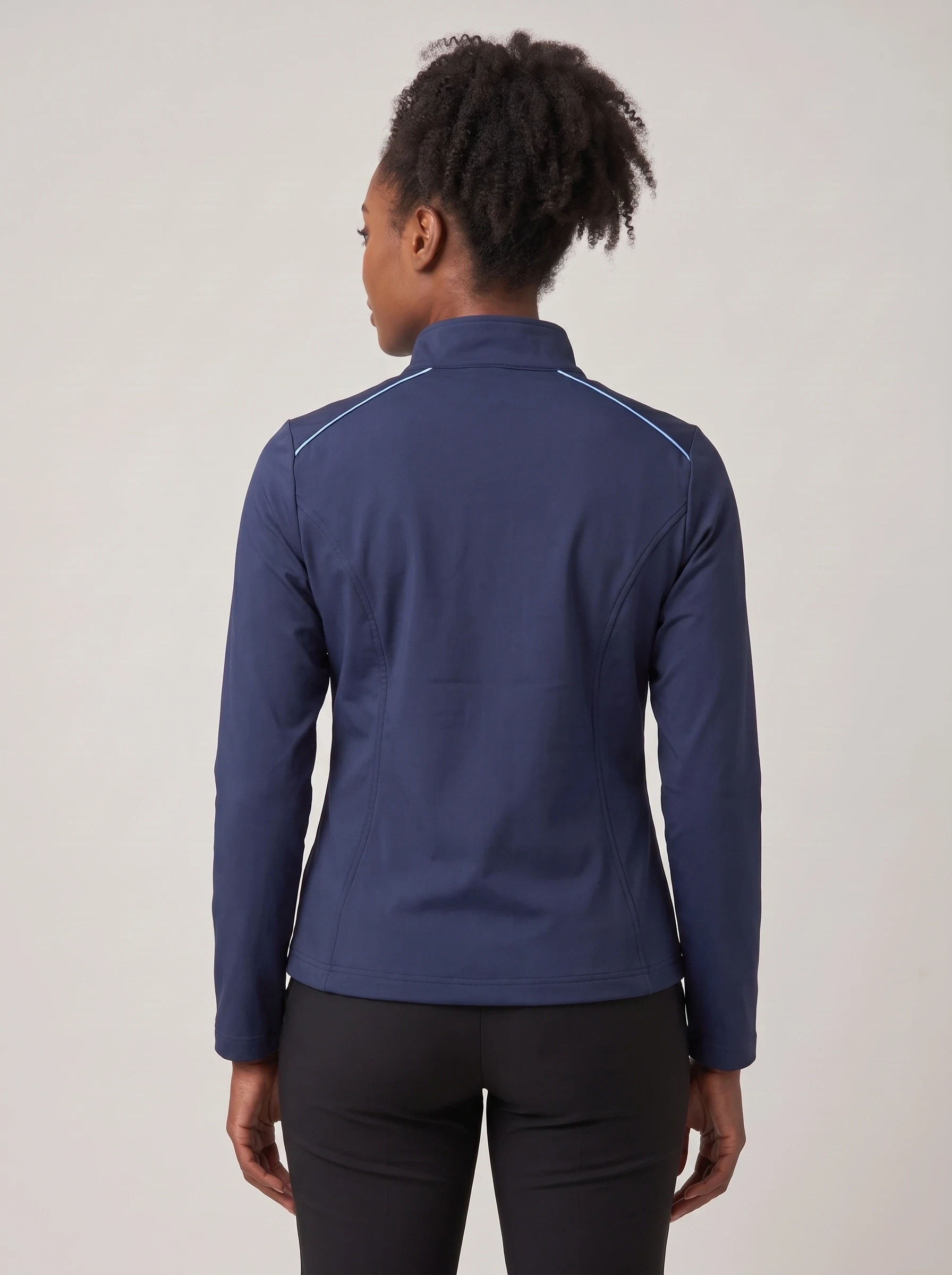 Navy Piped Stretch Jacket, women outerwear, back view