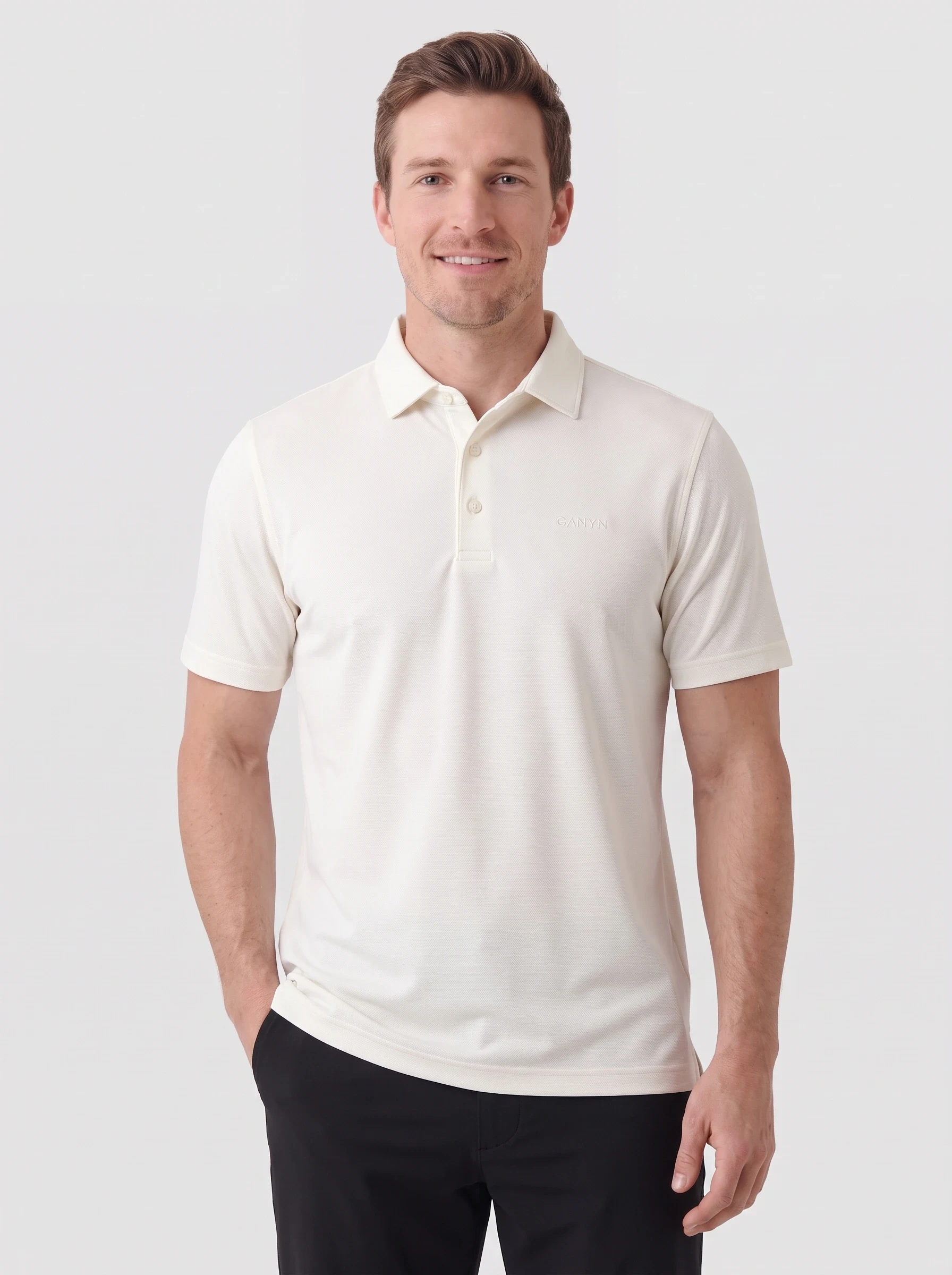 Ivory Pique Club Polo, men solid polos, front view