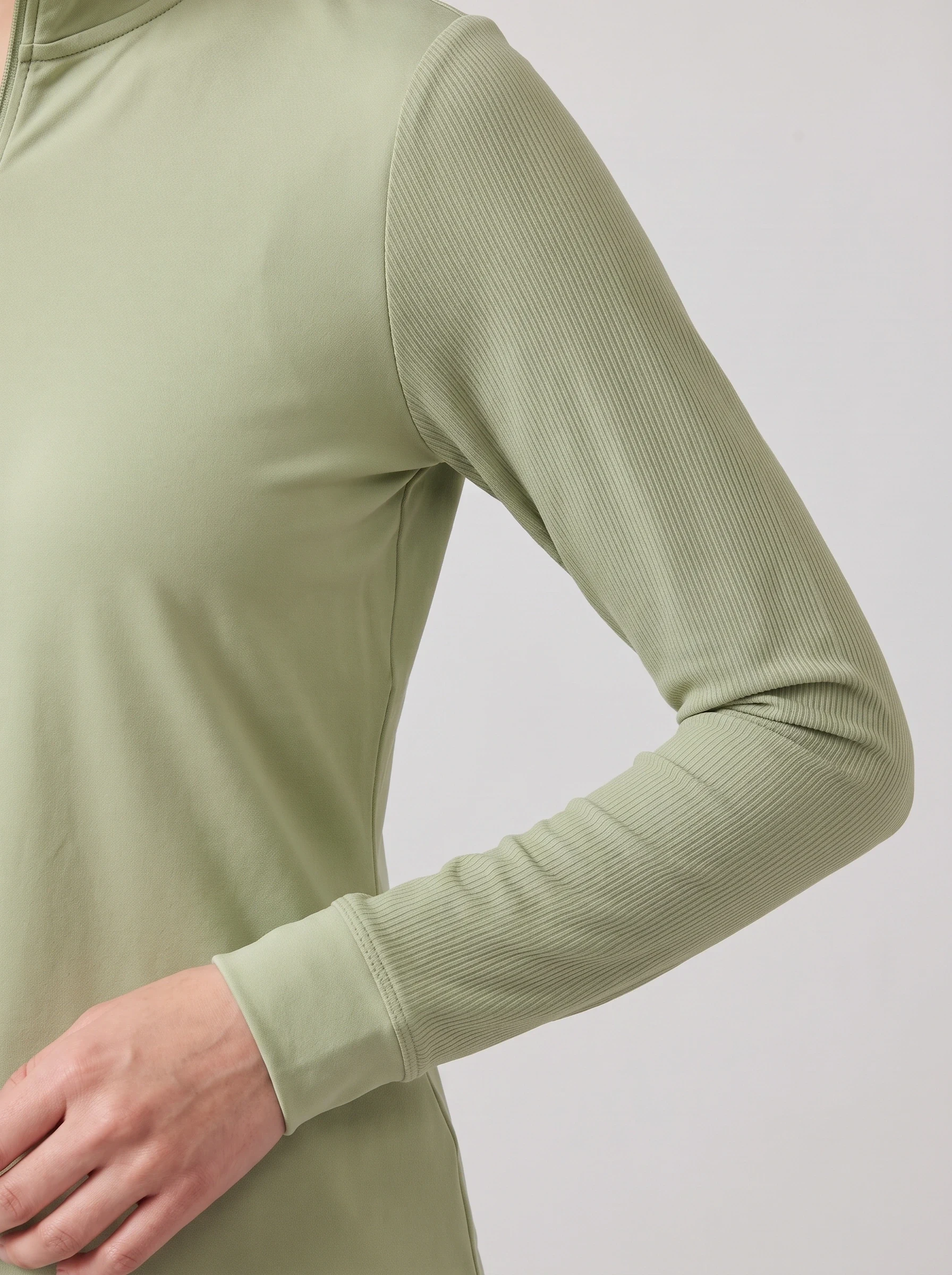 Pistachio Rib Sleeve Midlayer, women zip tops & midlayers, Rib sleeve to body join and cuff detail