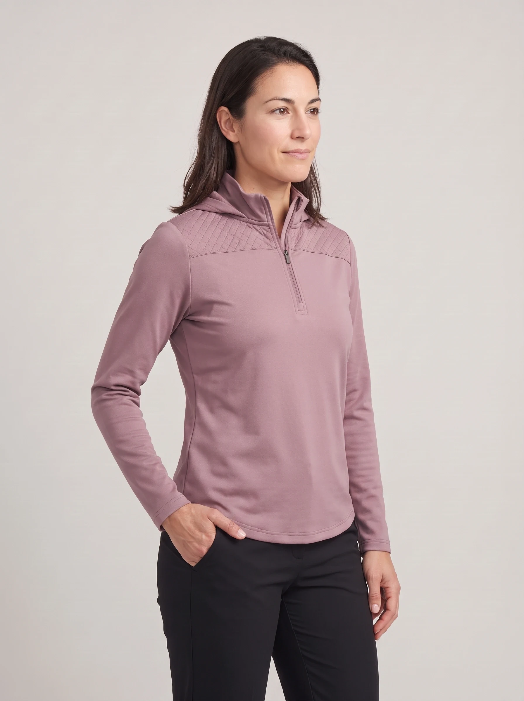 Mauve Quilted Yoke Half Zip, women zip tops & midlayers, side view