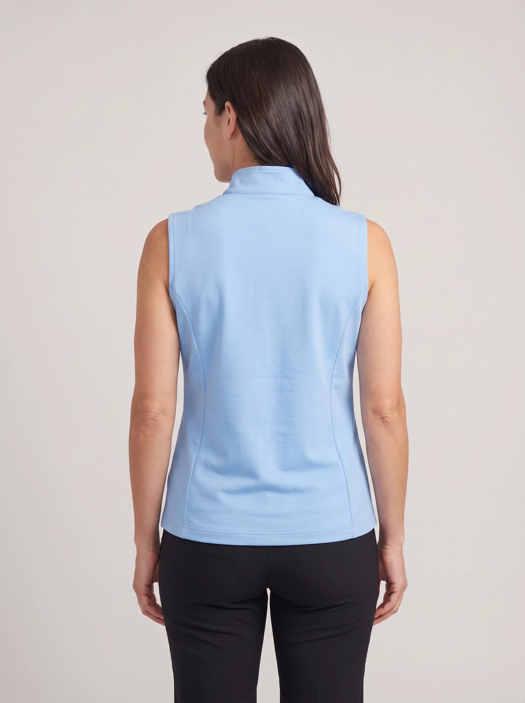 Sky Blue Zip Front Vest, women zip tops & midlayers, back view
