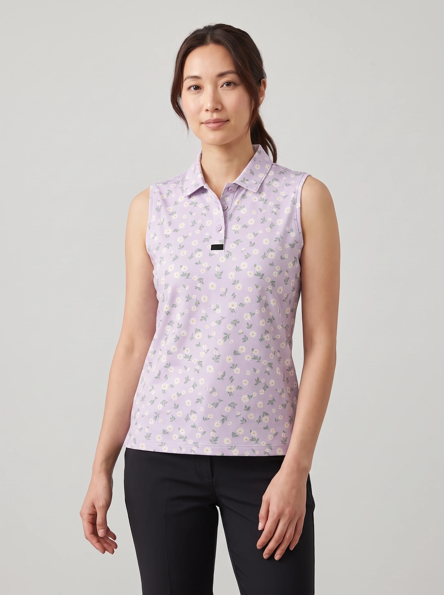 Lilac Meadow Sleeveless Polo, women printed polos, front view