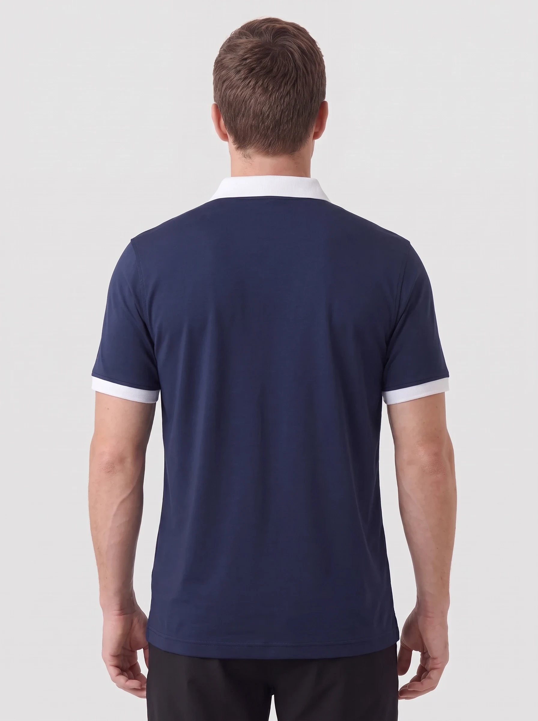 Navy Contrast Collar Polo, men solid polos, back view