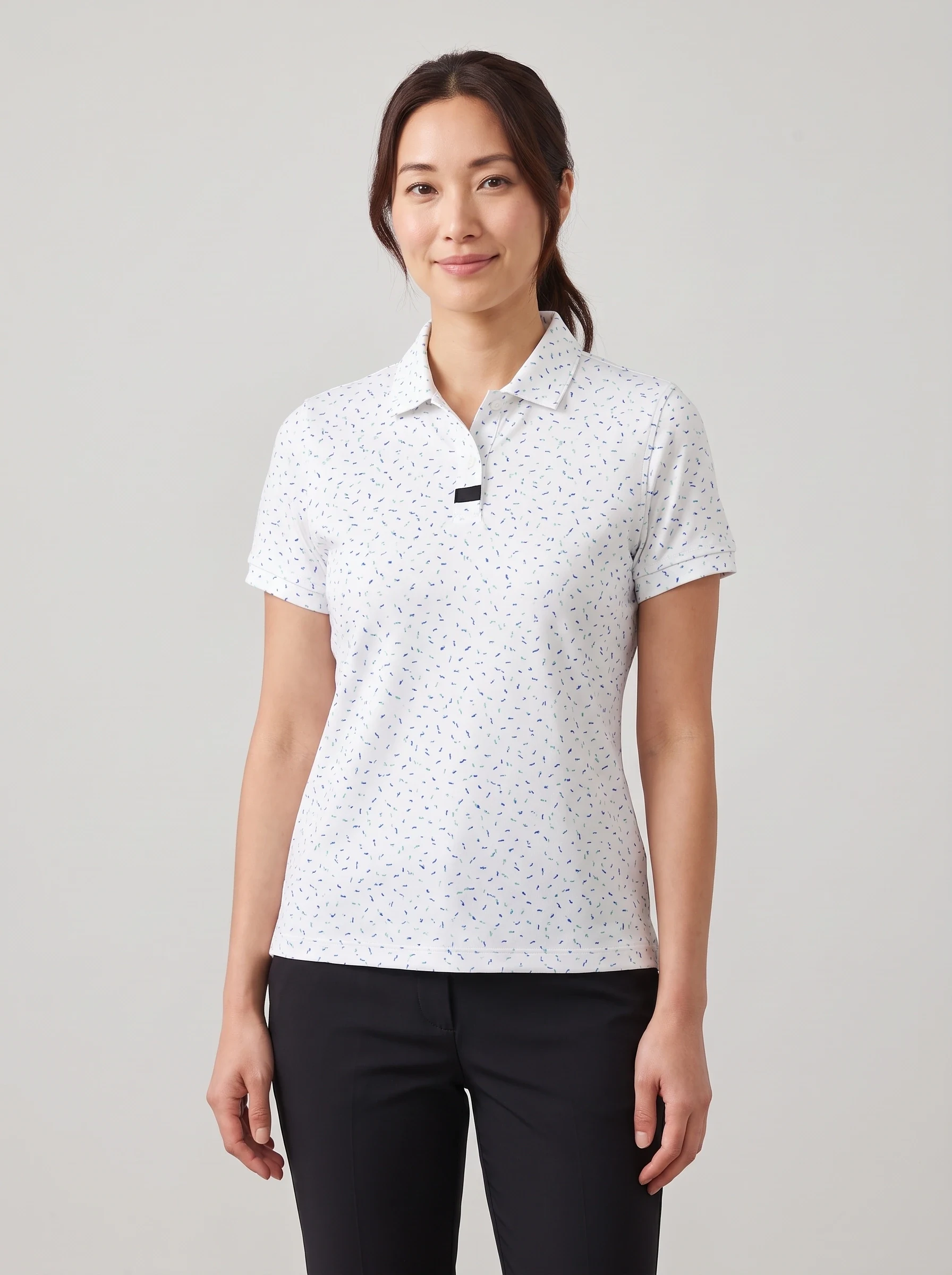 White Abstract Dash Polo, women printed polos, front view