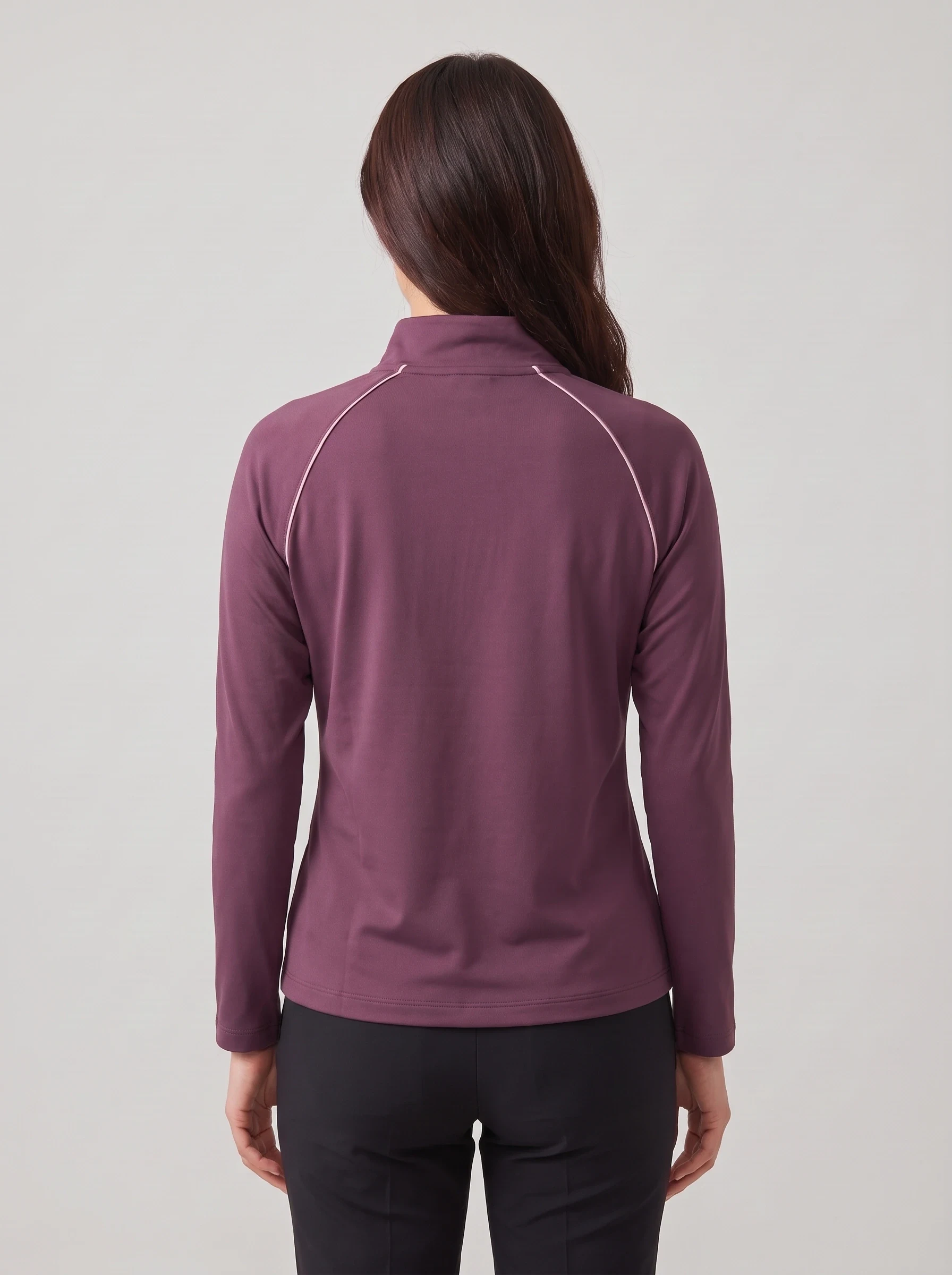 Plum Piped Quarter Zip, women zip tops & midlayers, back view
