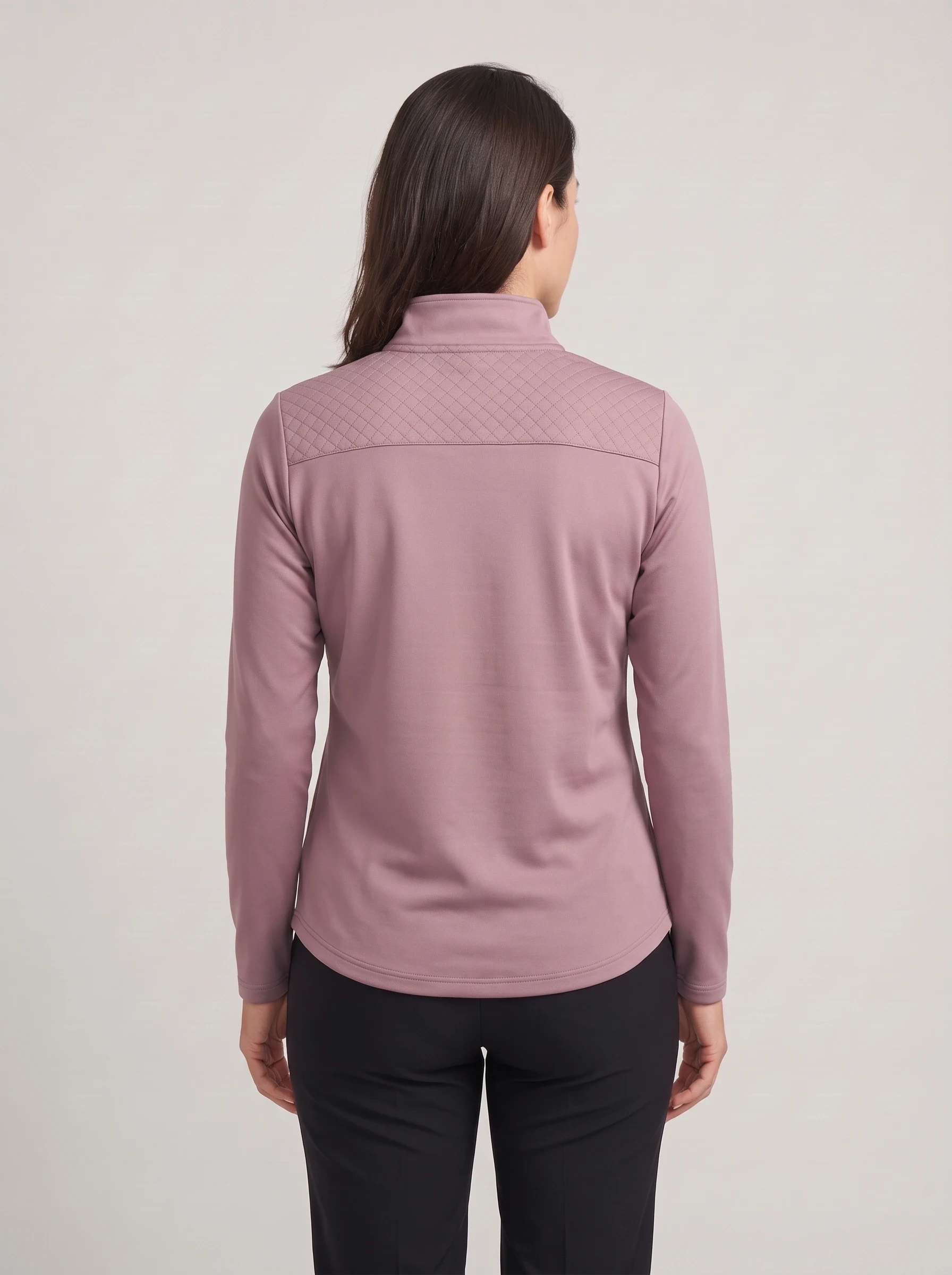 Mauve Quilted Yoke Half Zip, women zip tops & midlayers, back view