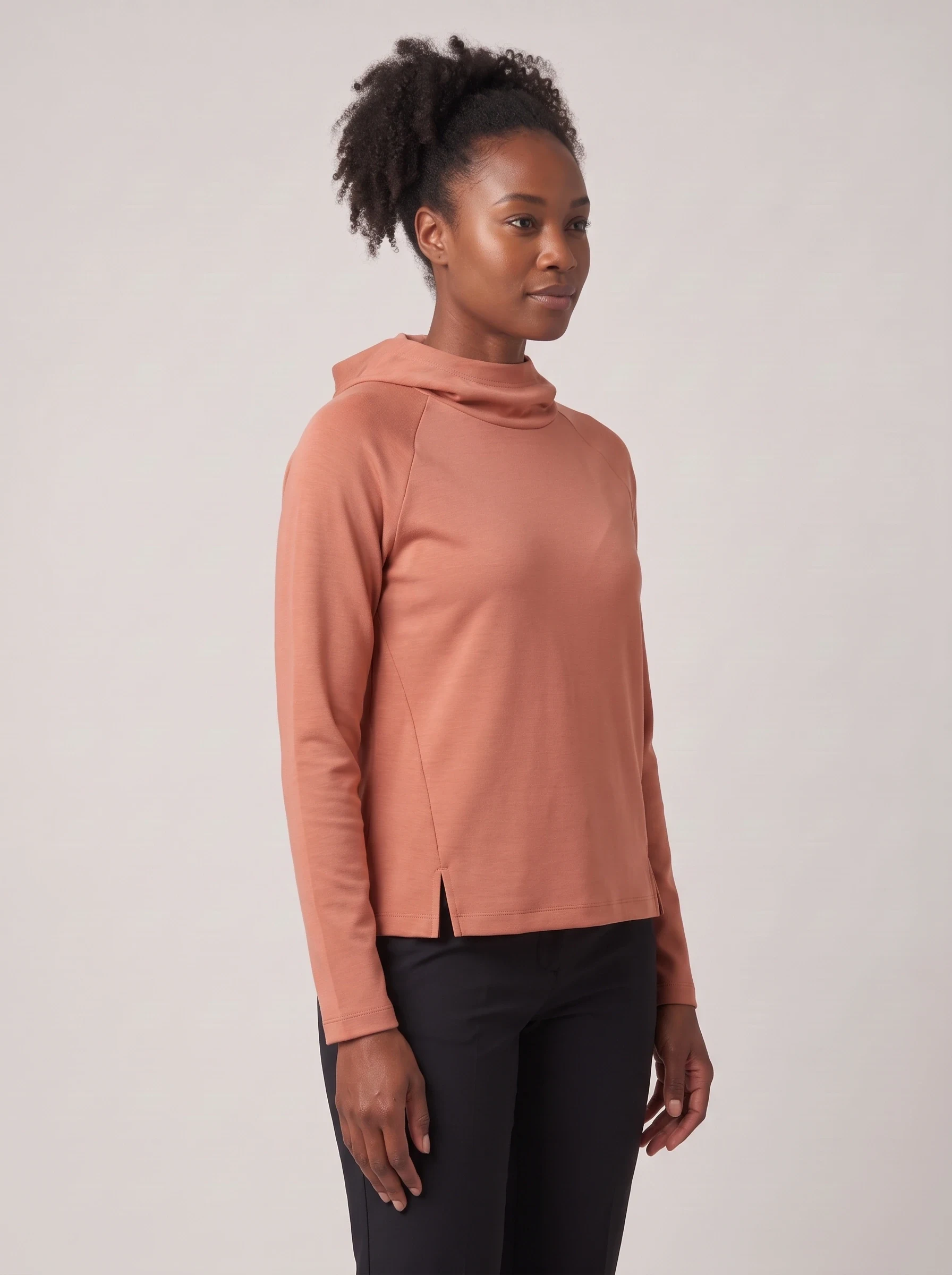 Terracotta Cowl Hood Pullover, women hoodies, side view