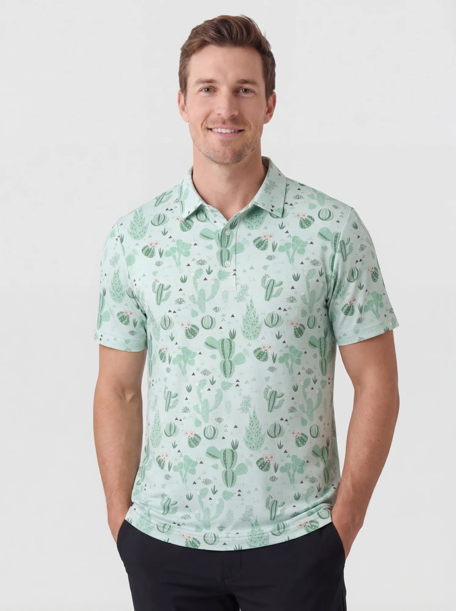 Men's mint cactus illustration polo in mint / green, front view