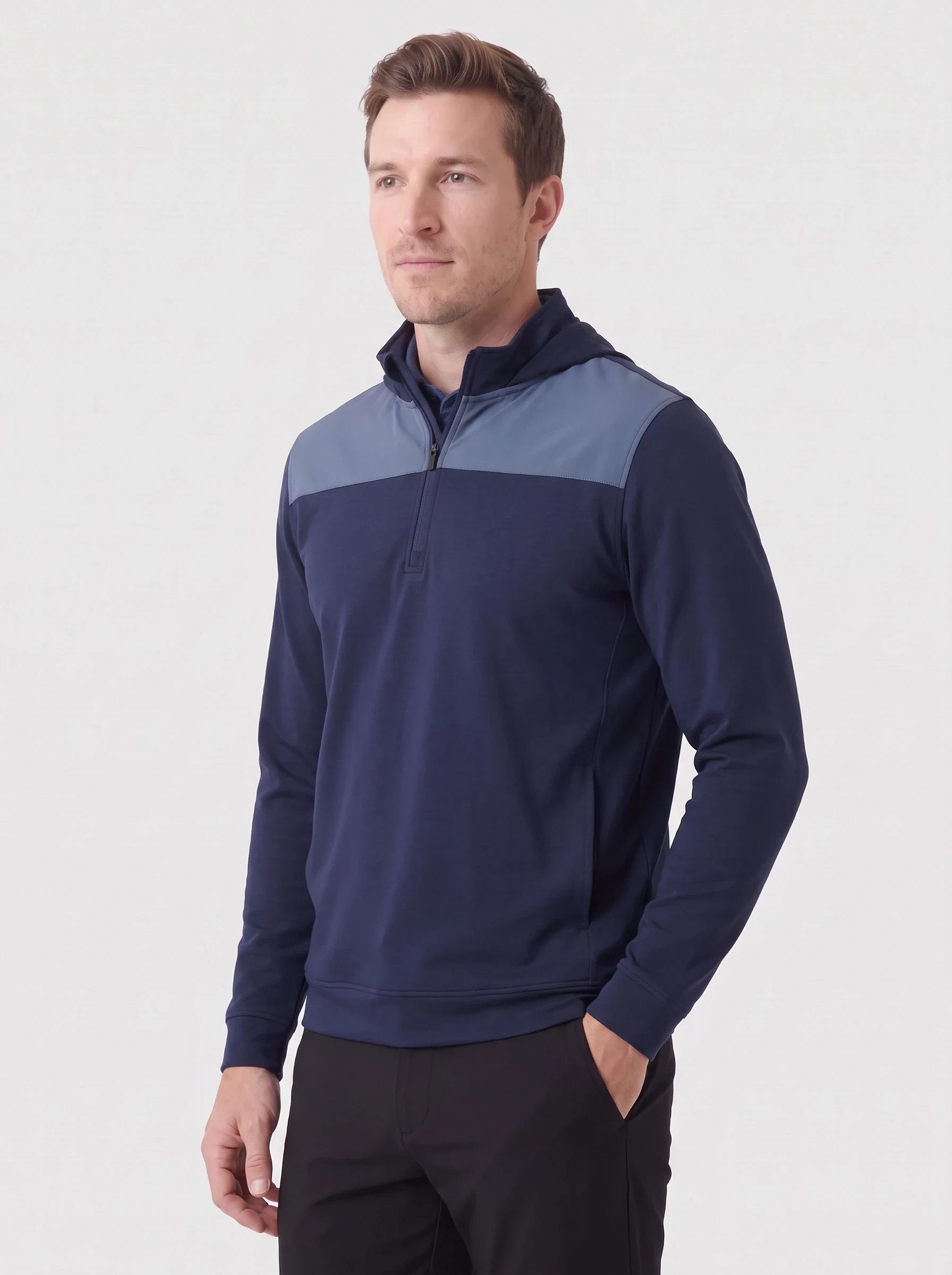 Navy Chest Panel Half Zip, men zip tops & midlayers, side view