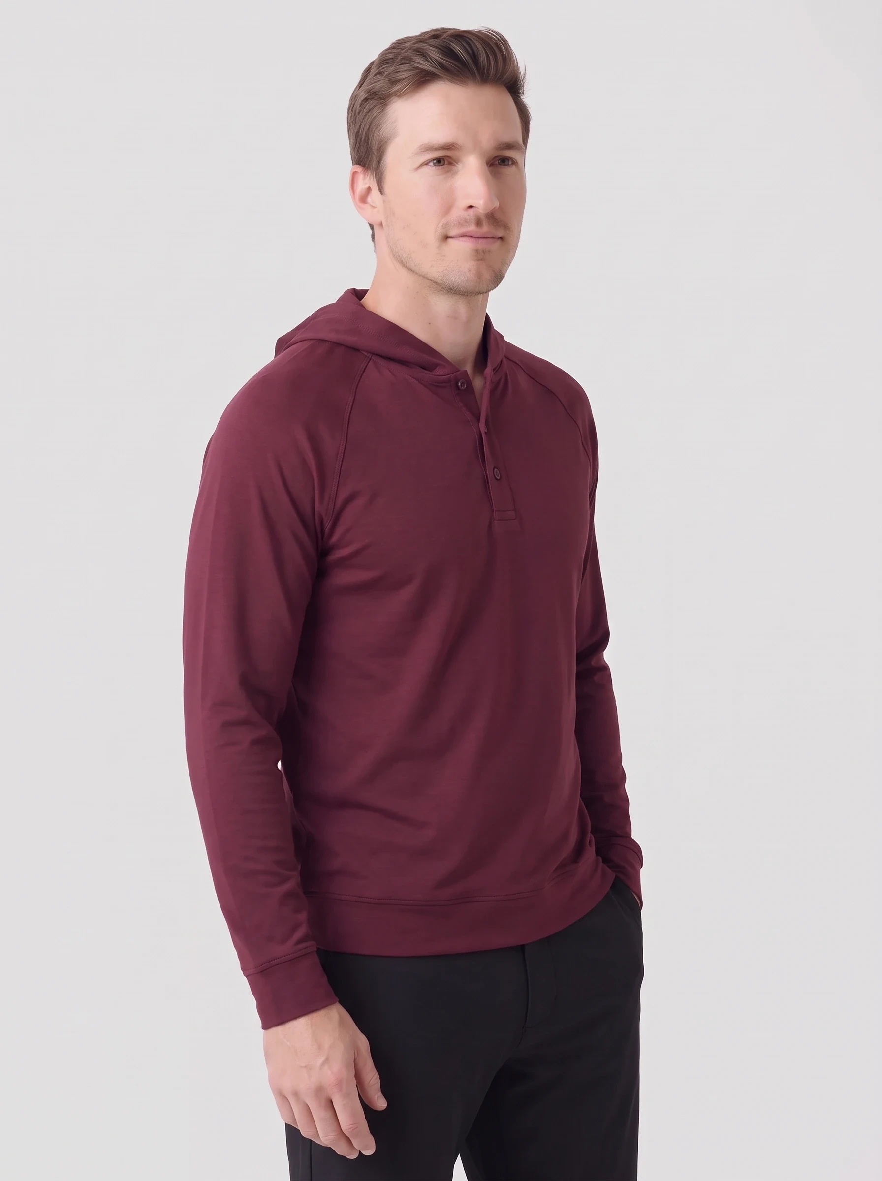 Burgundy Henley Hood Pullover, men hoodies, side view