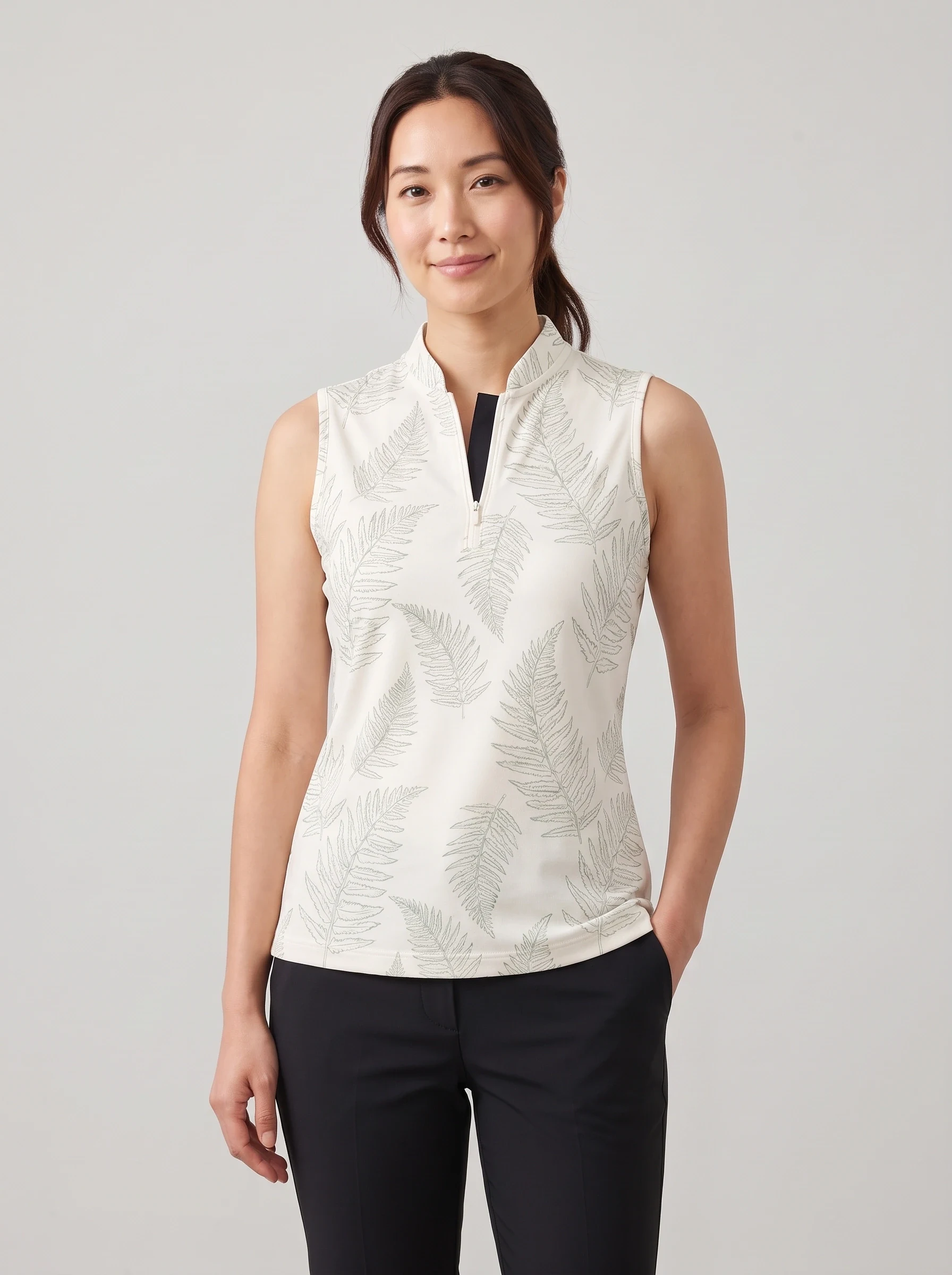 Ivory Fern Sketch Sleeveless Polo, women printed polos, front view