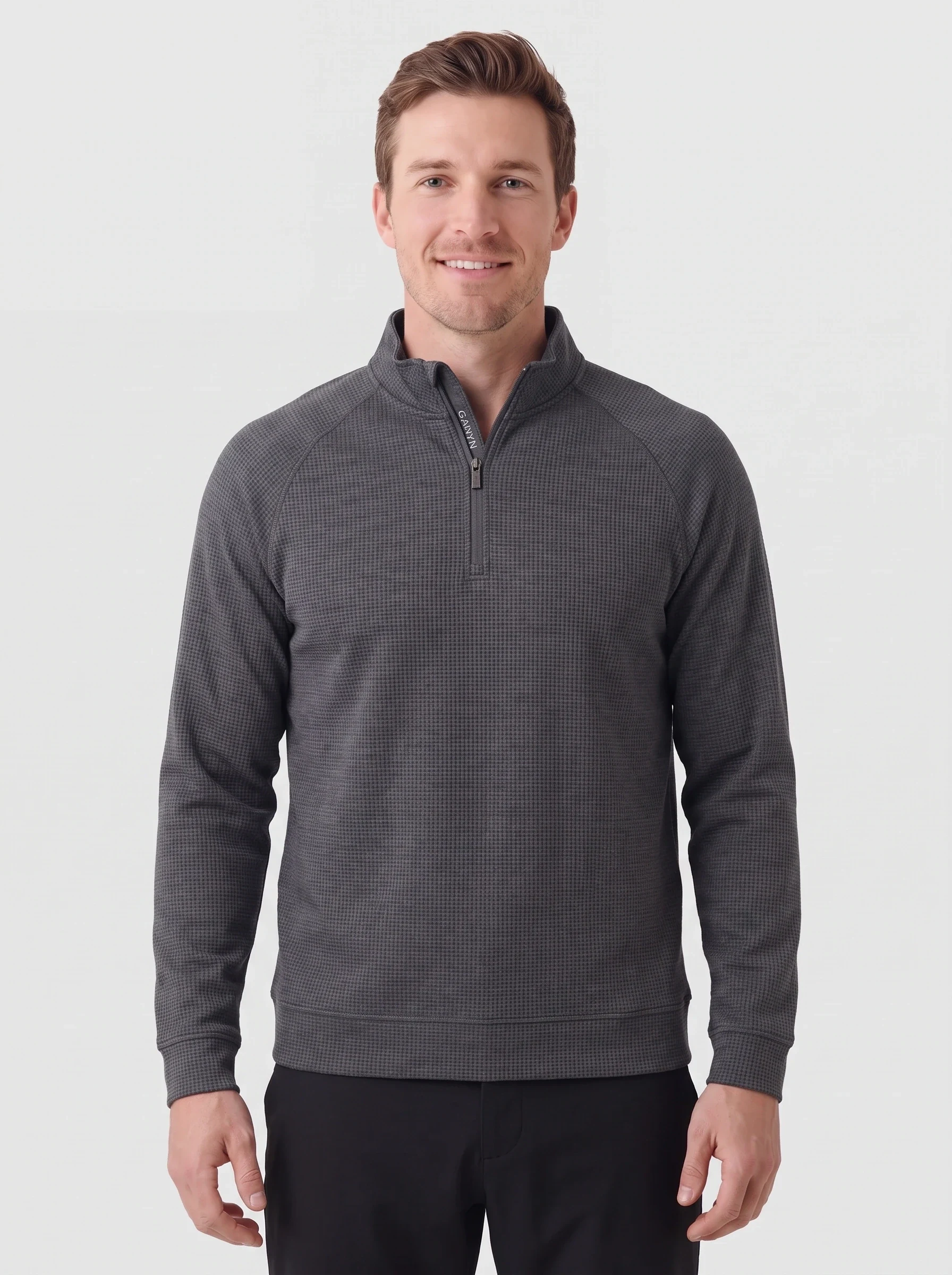 Charcoal Grid Quarter Zip, men zip tops & midlayers, front view