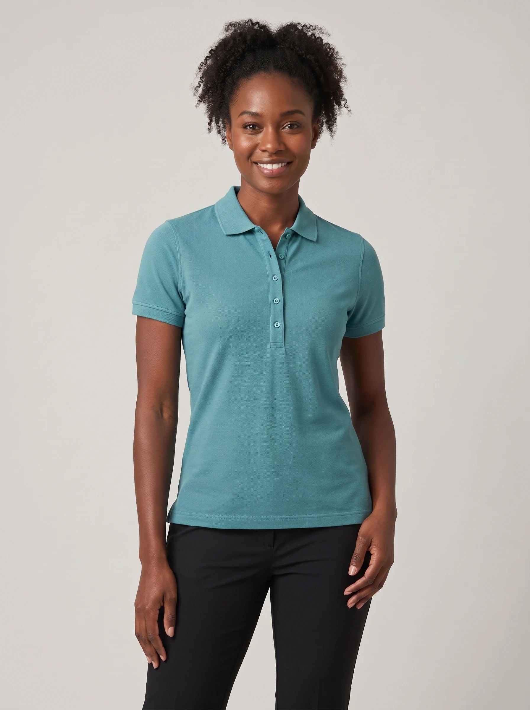 Teal Rib Collar Polo, women solid polos, front view