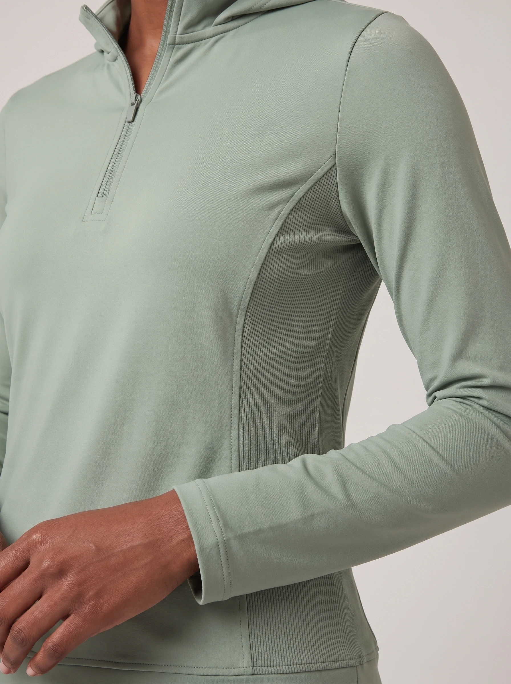 Sage Rib Panel Half Zip, women zip tops & midlayers, Rib side panel and cuff detail