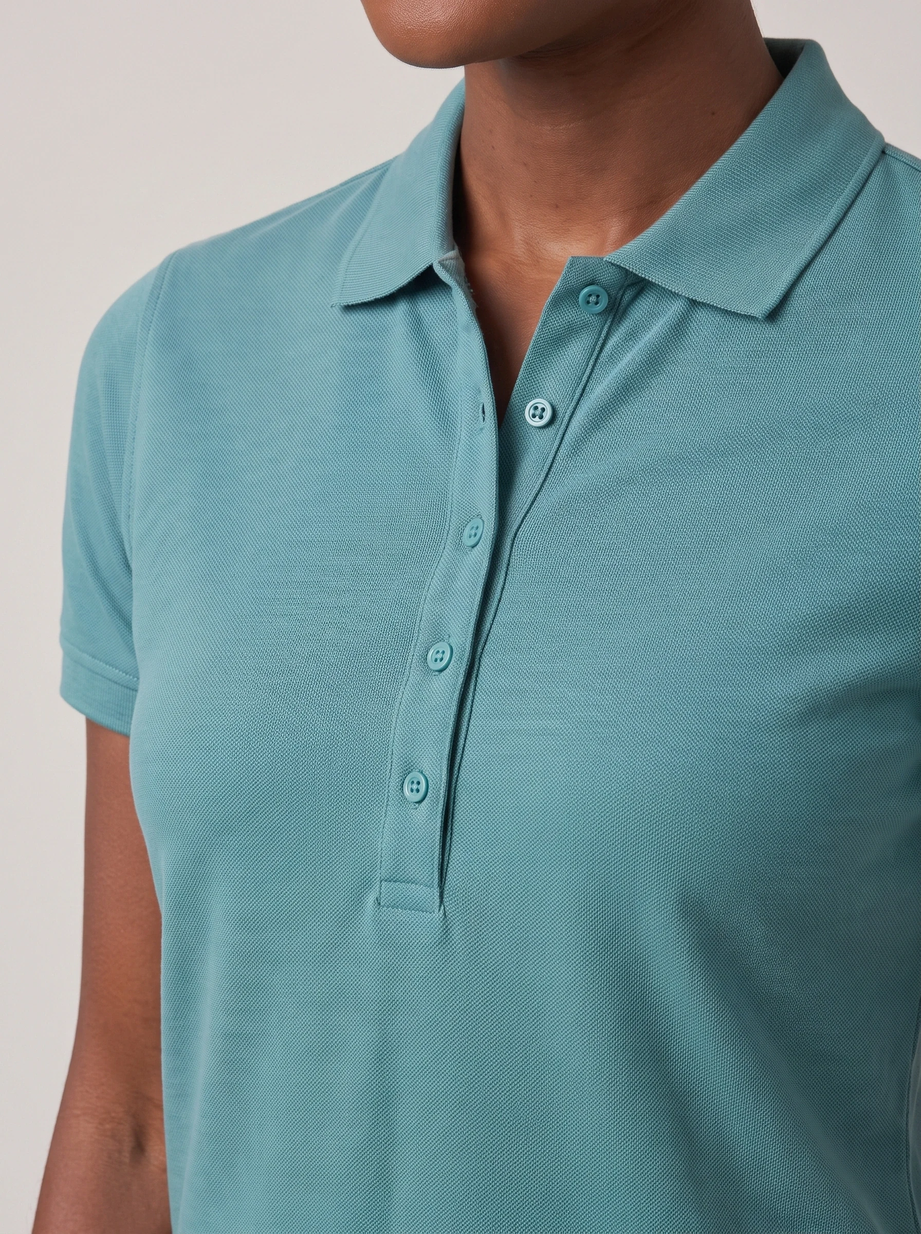 Teal Rib Collar Polo, women solid polos, Long button placket and pique texture detail