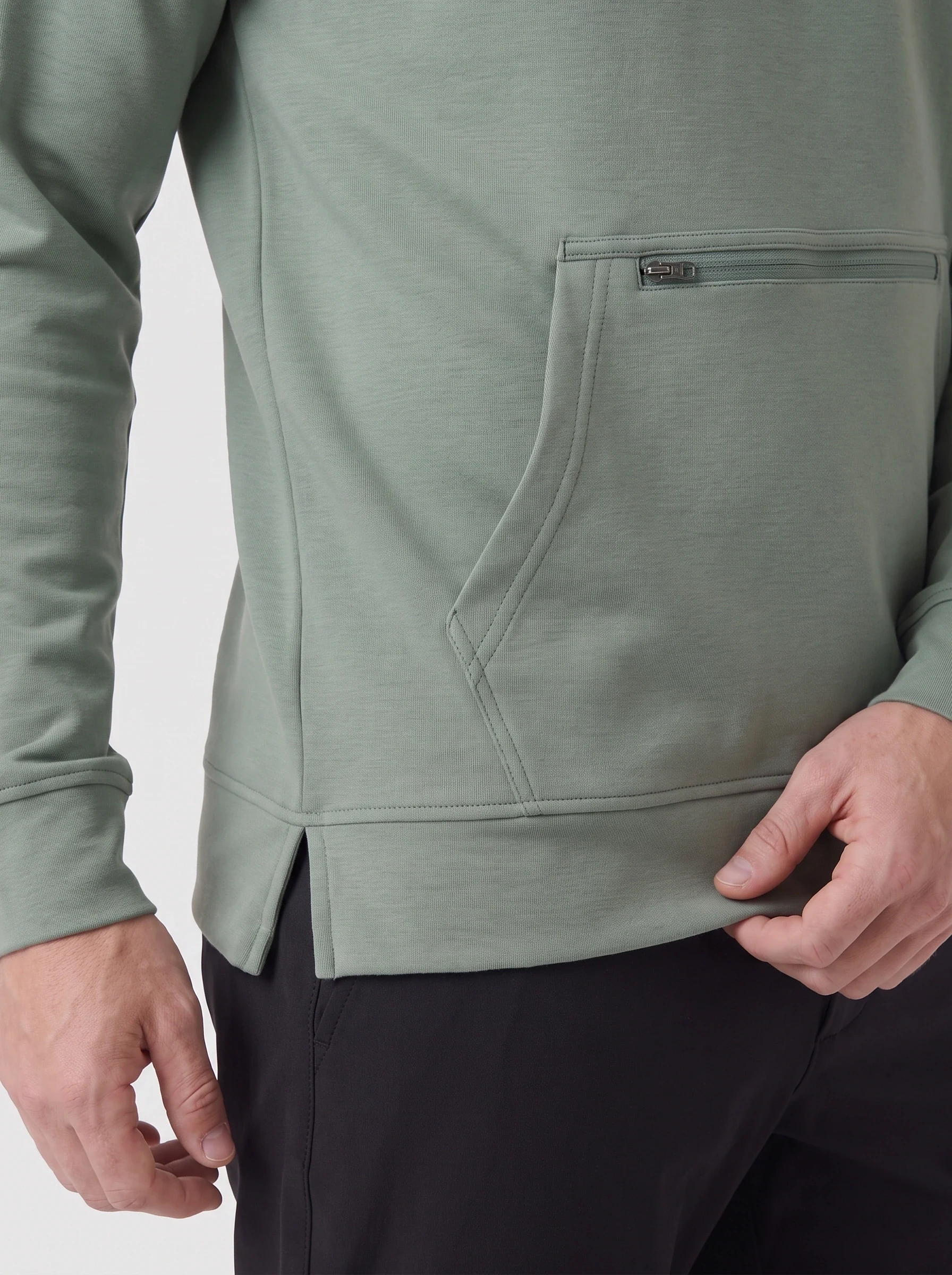 Sage Zip Pocket Pullover Hoodie, men hoodies, Zipped pouch opening and hem split detail