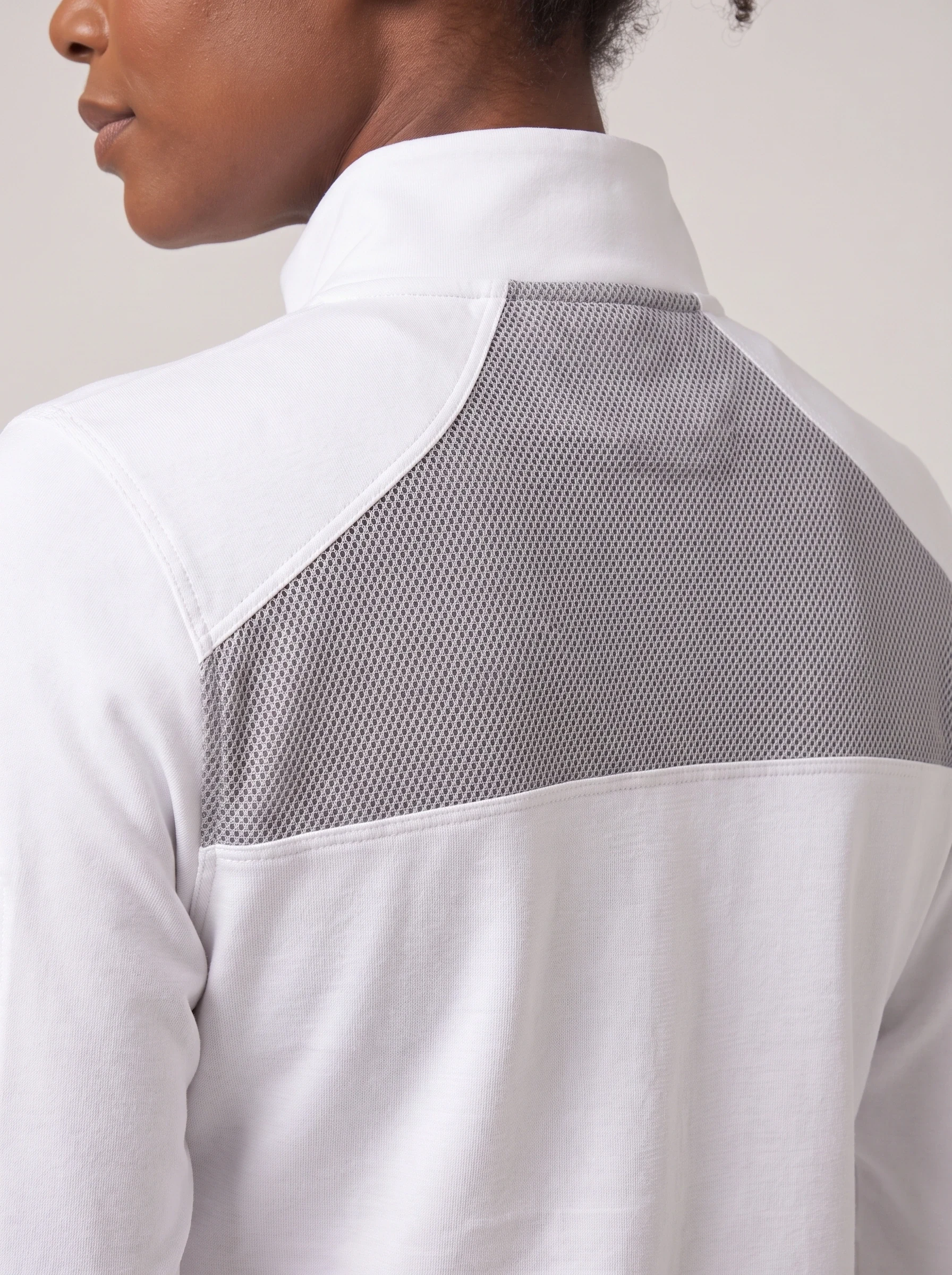White Mesh Back Zip Layer, women zip tops & midlayers, High-back mesh inset and seam finish detail