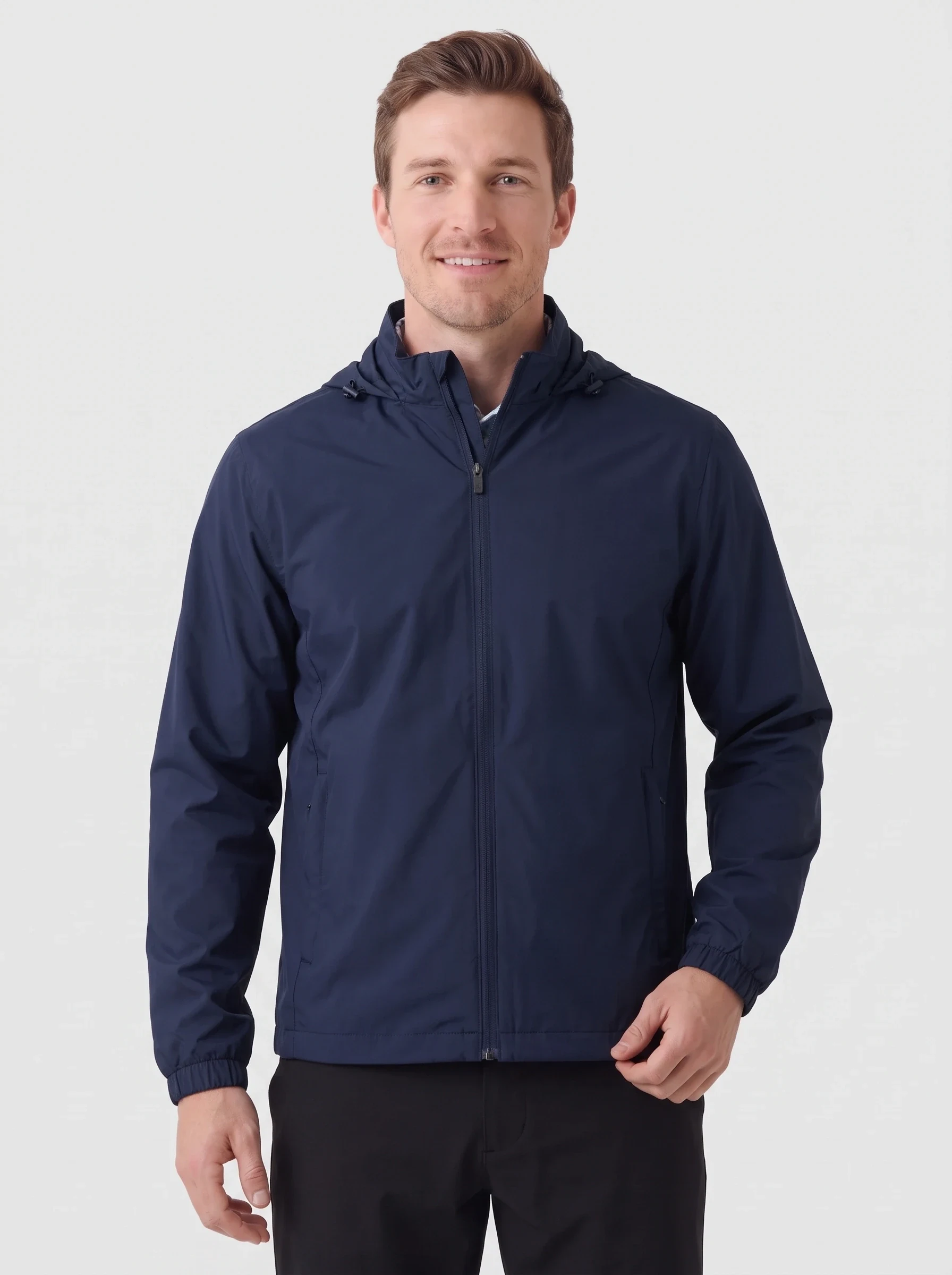 Navy Packable Golf Wind Jacket, men outerwear, front view