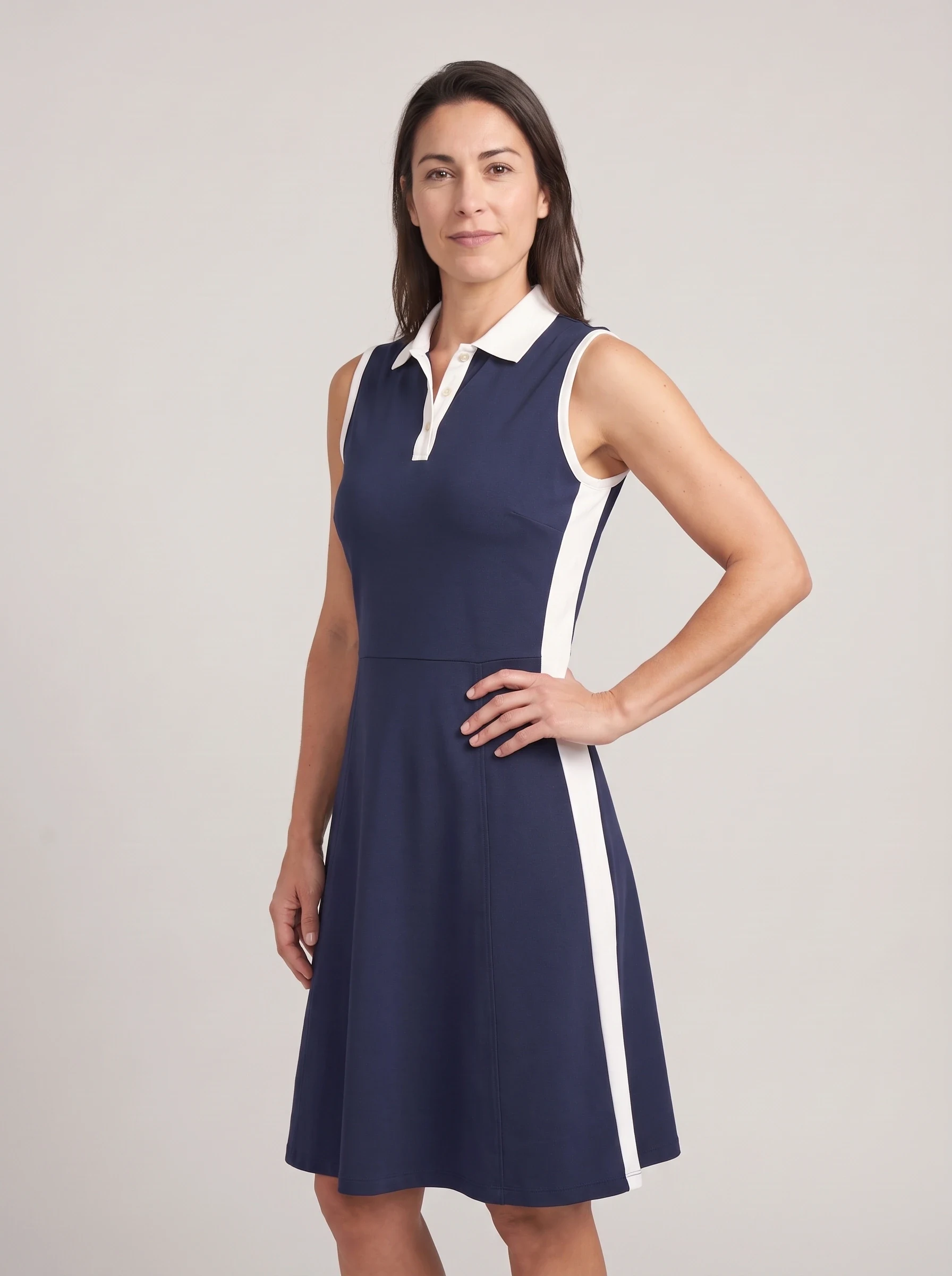 Navy Tennis Panel Golf Dress, women golf dresses & skirts, side view