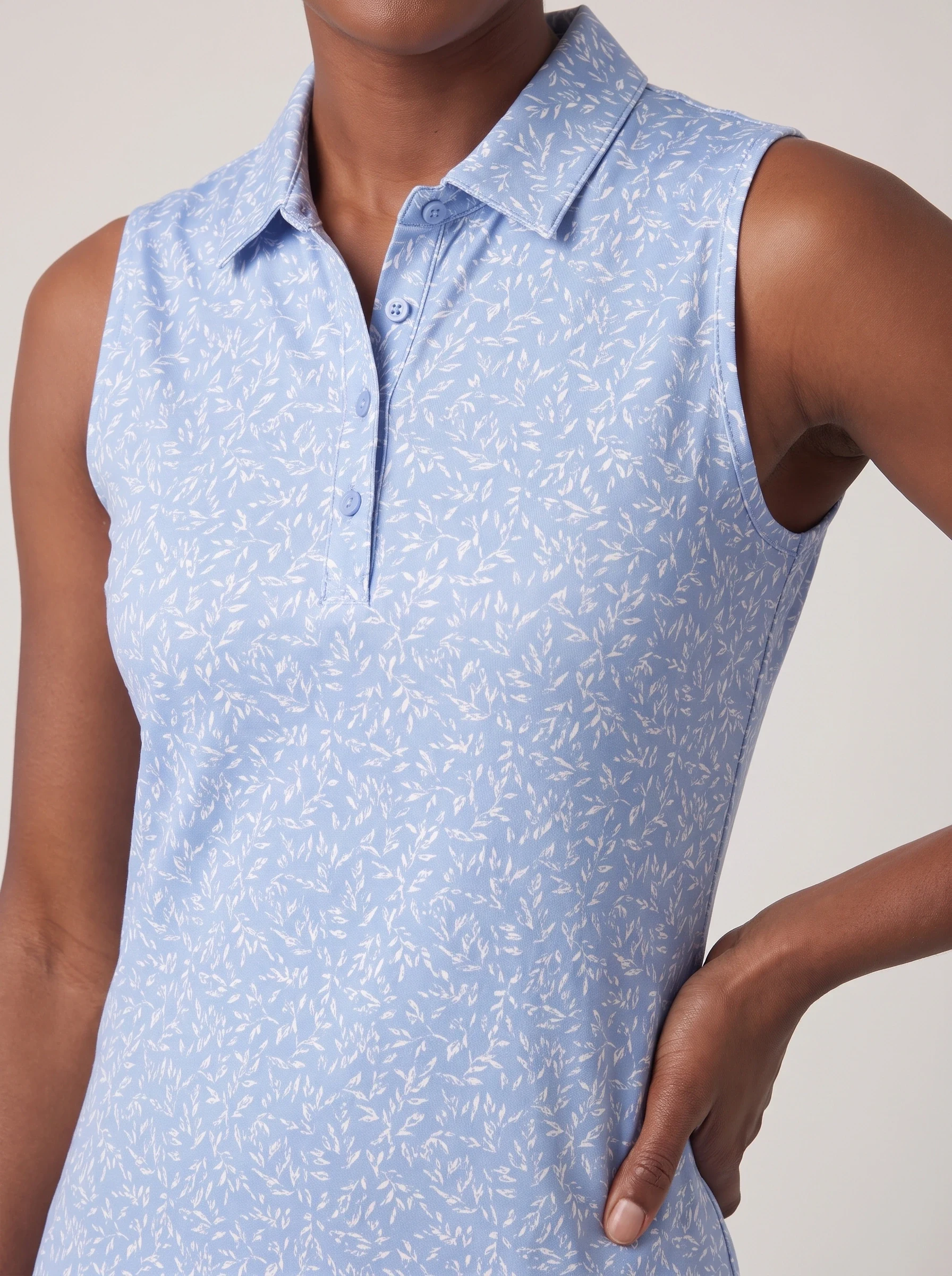 Blue Micro Leaf Golf Dress, women golf dresses, Tiny leaf repeat and placket detail