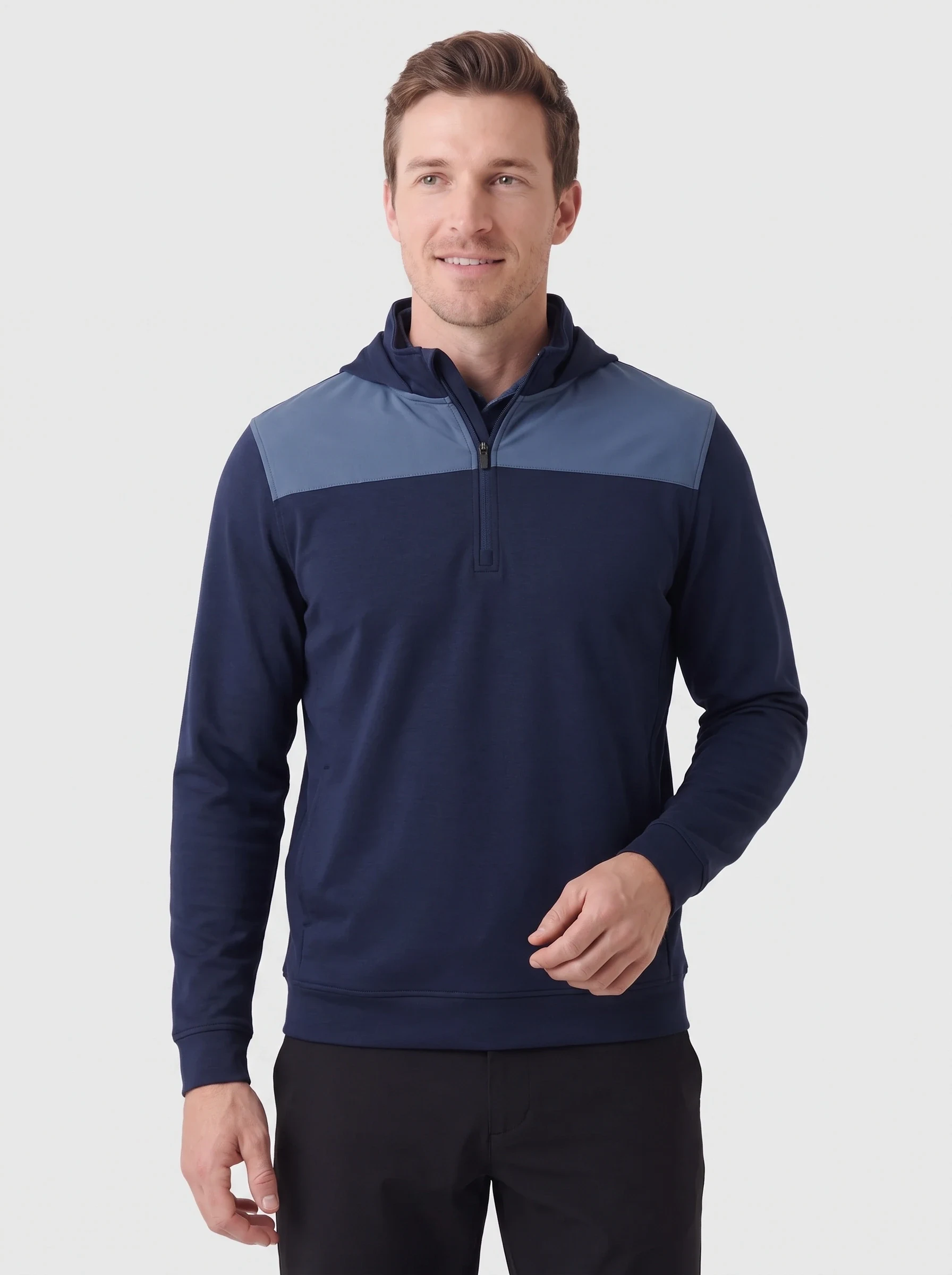 Navy Chest Panel Half Zip, men zip tops & midlayers, front view