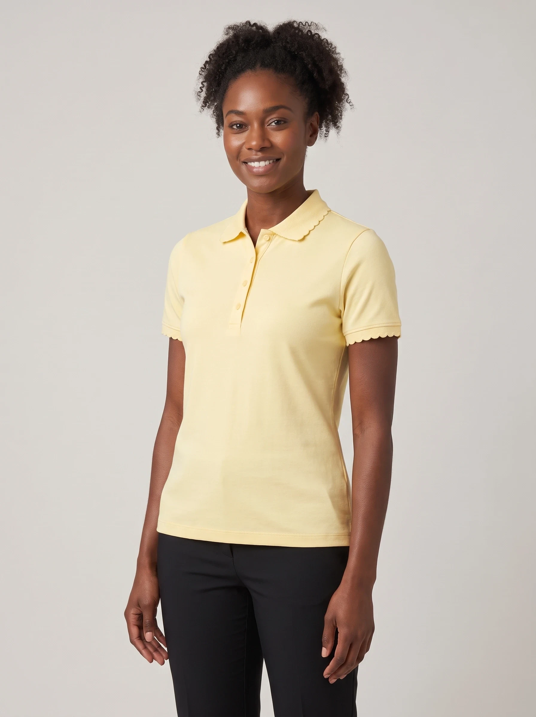 Butter Yellow Scallop Collar Polo, women solid polos, front view