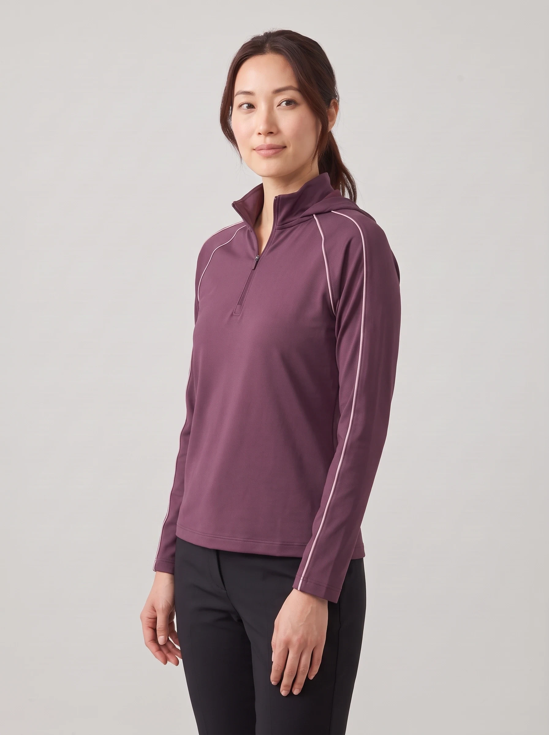 Plum Piped Quarter Zip, women zip tops & midlayers, side view
