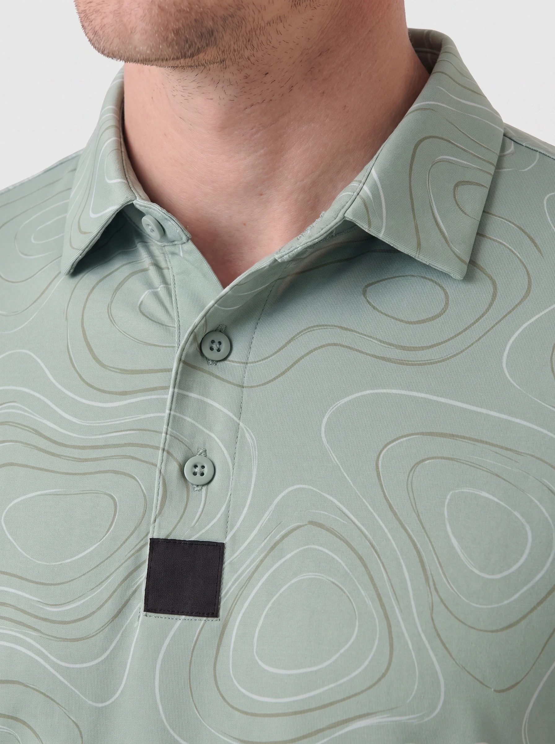 Sage Contour Print Polo, men printed polos, Printed collar, placket and original repeat detail