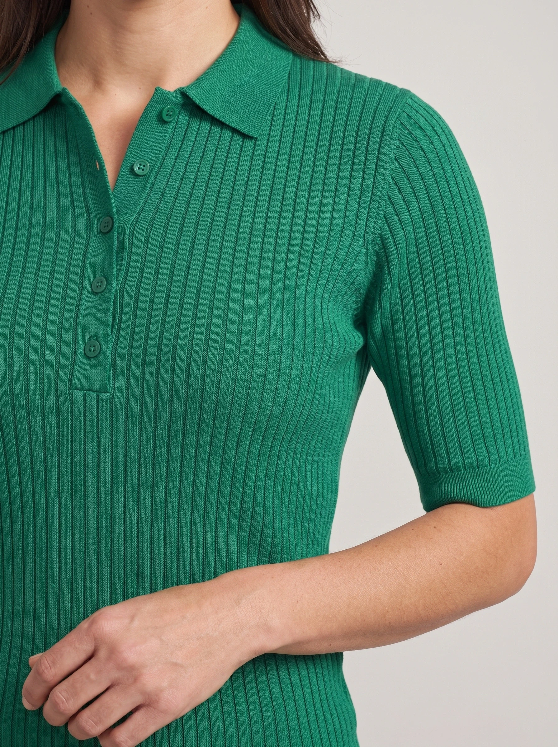 Emerald Ribbed Knit Polo, women solid polos, Fine rib knit and elbow sleeve edge detail