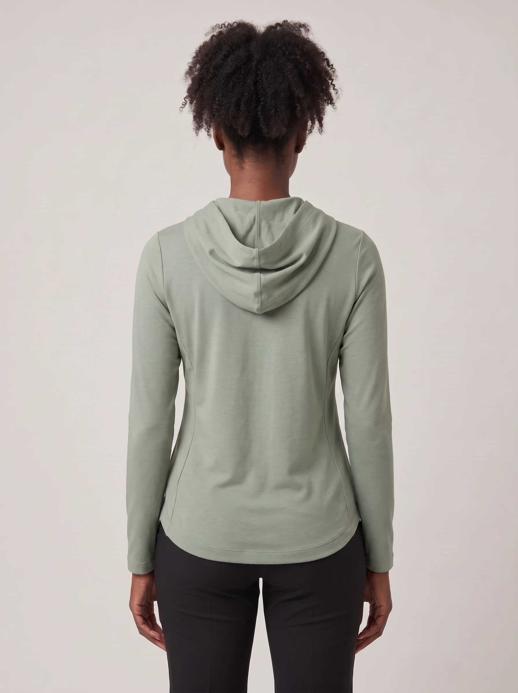 Sage Curved Hem Hoodie, women hoodies, back view