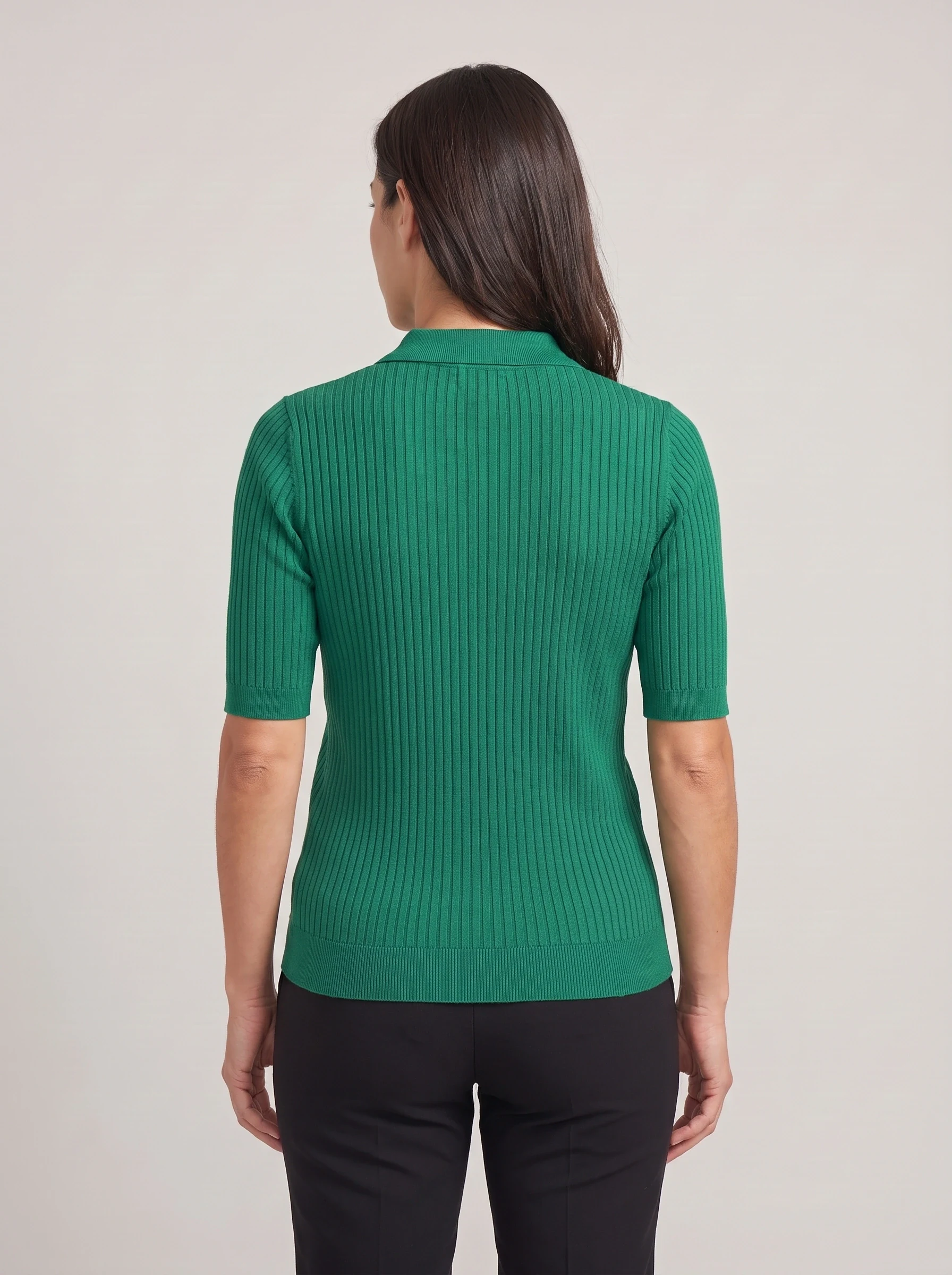 Emerald Ribbed Knit Polo, women solid polos, back view