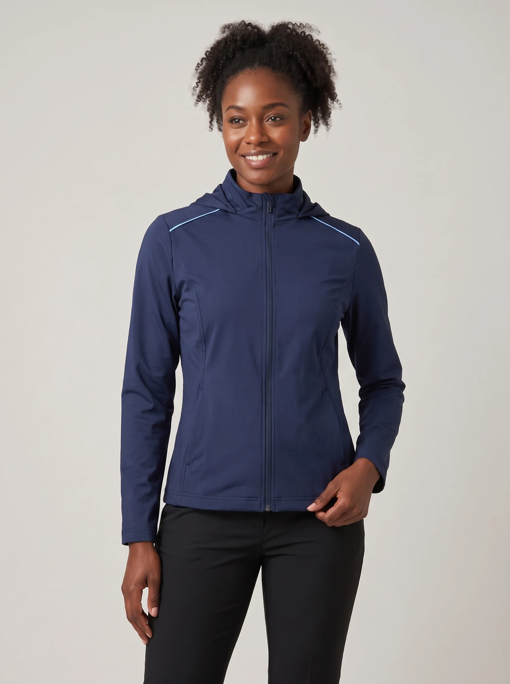 Navy Piped Stretch Jacket, women outerwear, front view