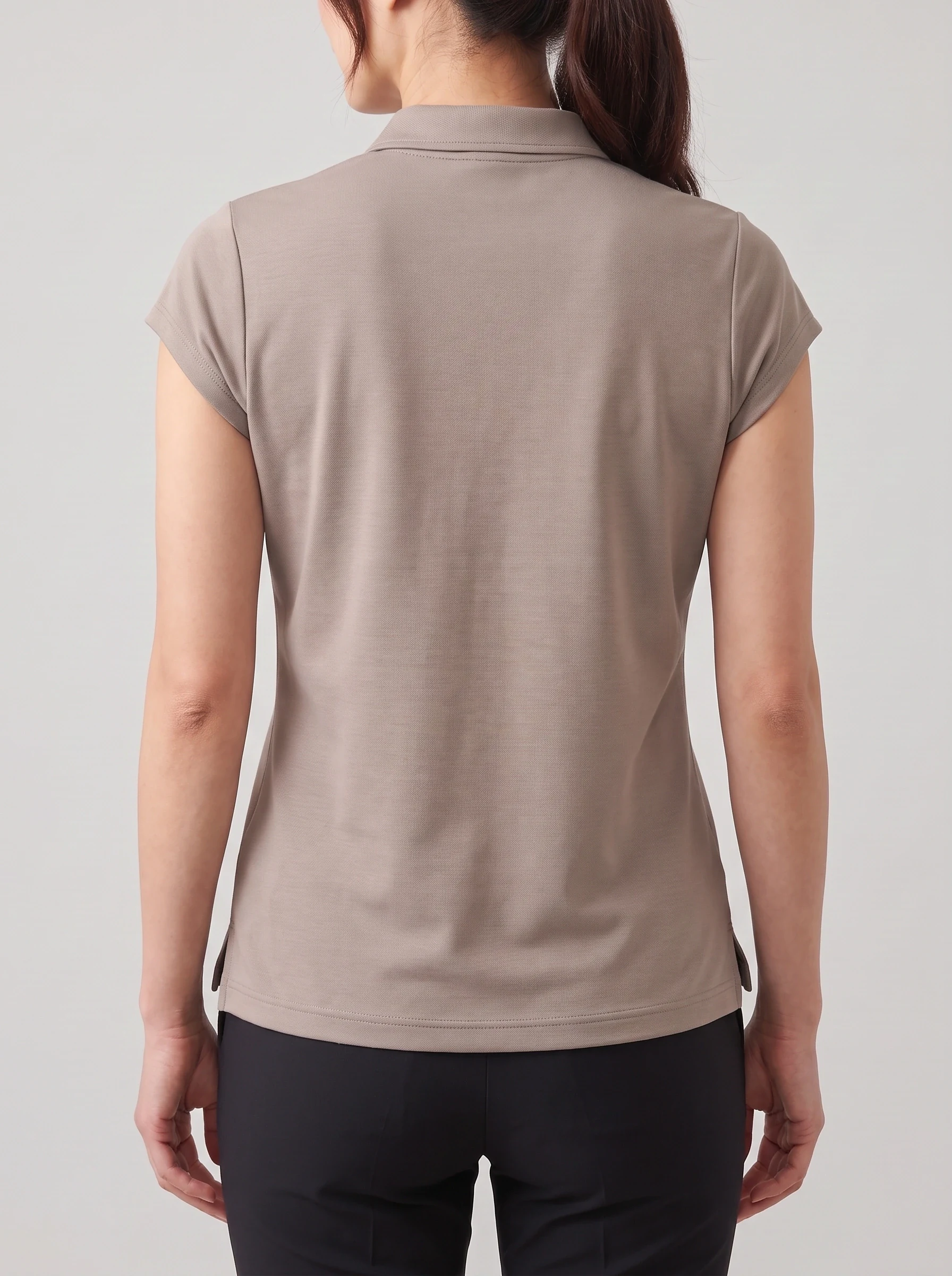 Taupe Hidden Placket Polo, women solid polos, back view