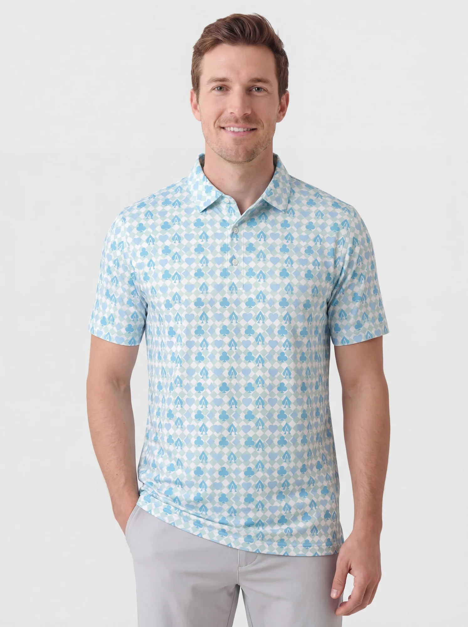 Men's aqua diamond repeat print polo in white / aqua / light blue, front view