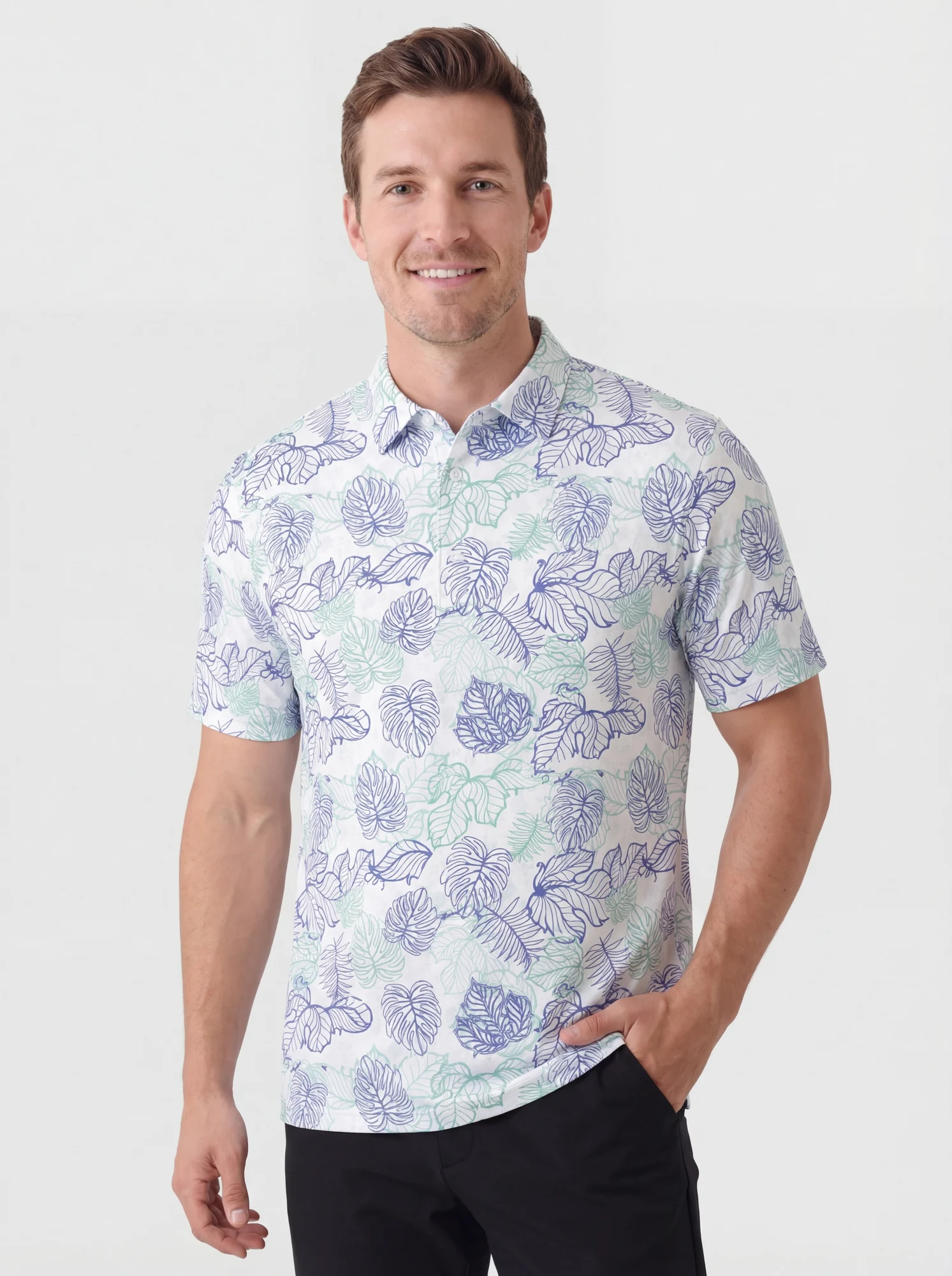 Men's lilac botanical print polo in white / lilac / mint, front view