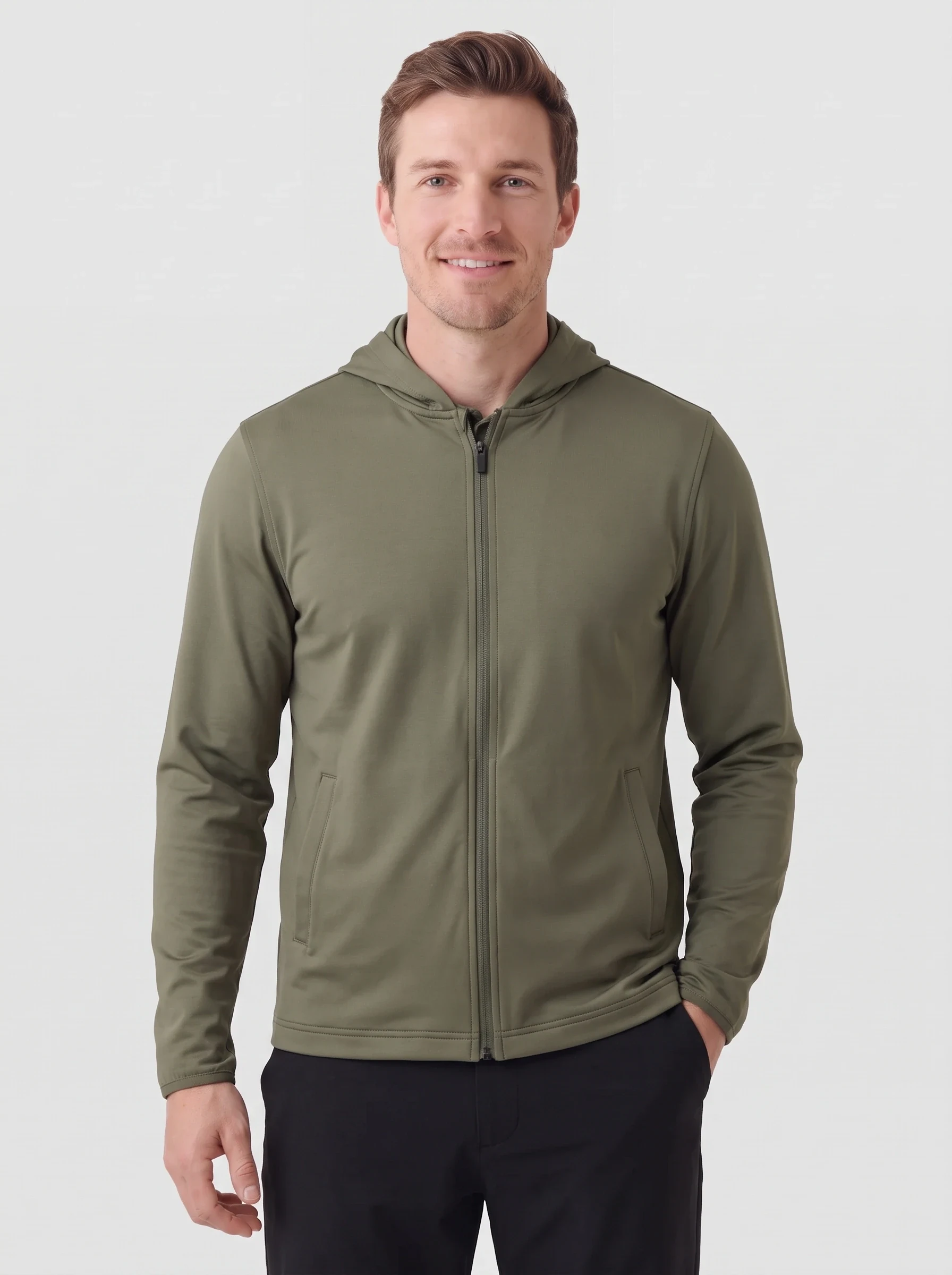 Olive Collarless Full Zip Layer, men zip tops & midlayers, front view