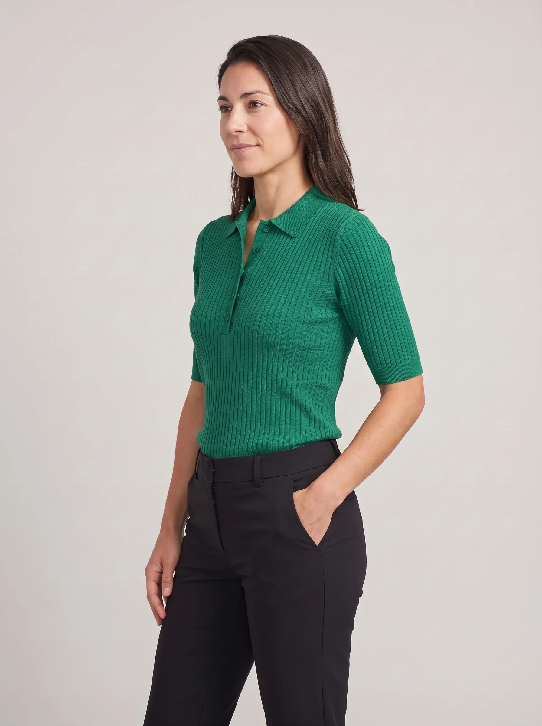 Emerald Ribbed Knit Polo, women solid polos, side view