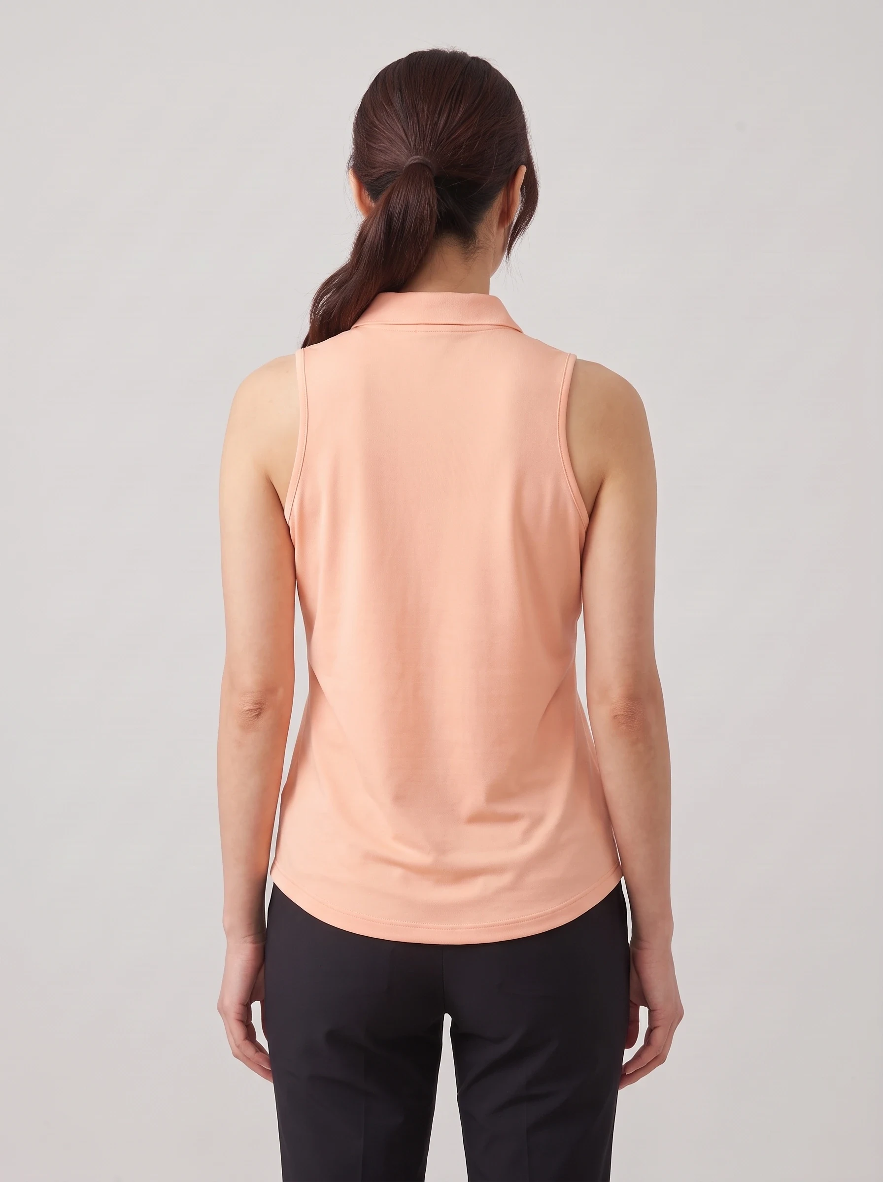 Peach Sleeveless Zip Polo, women solid polos, back view