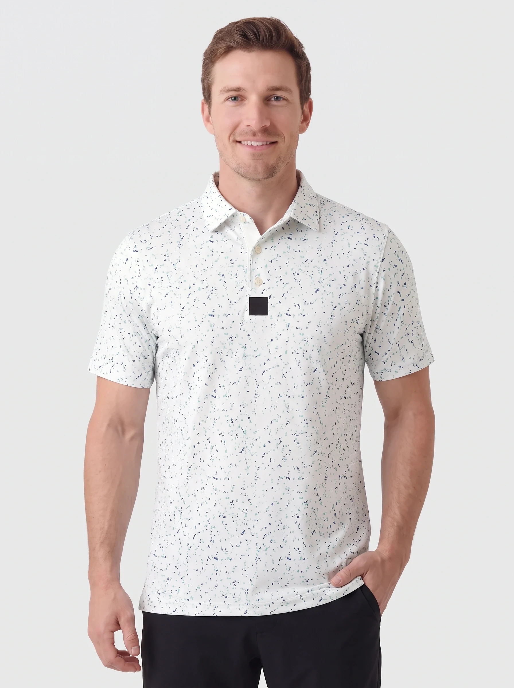 Mint Ink Scatter Print Polo, men printed polos, front view