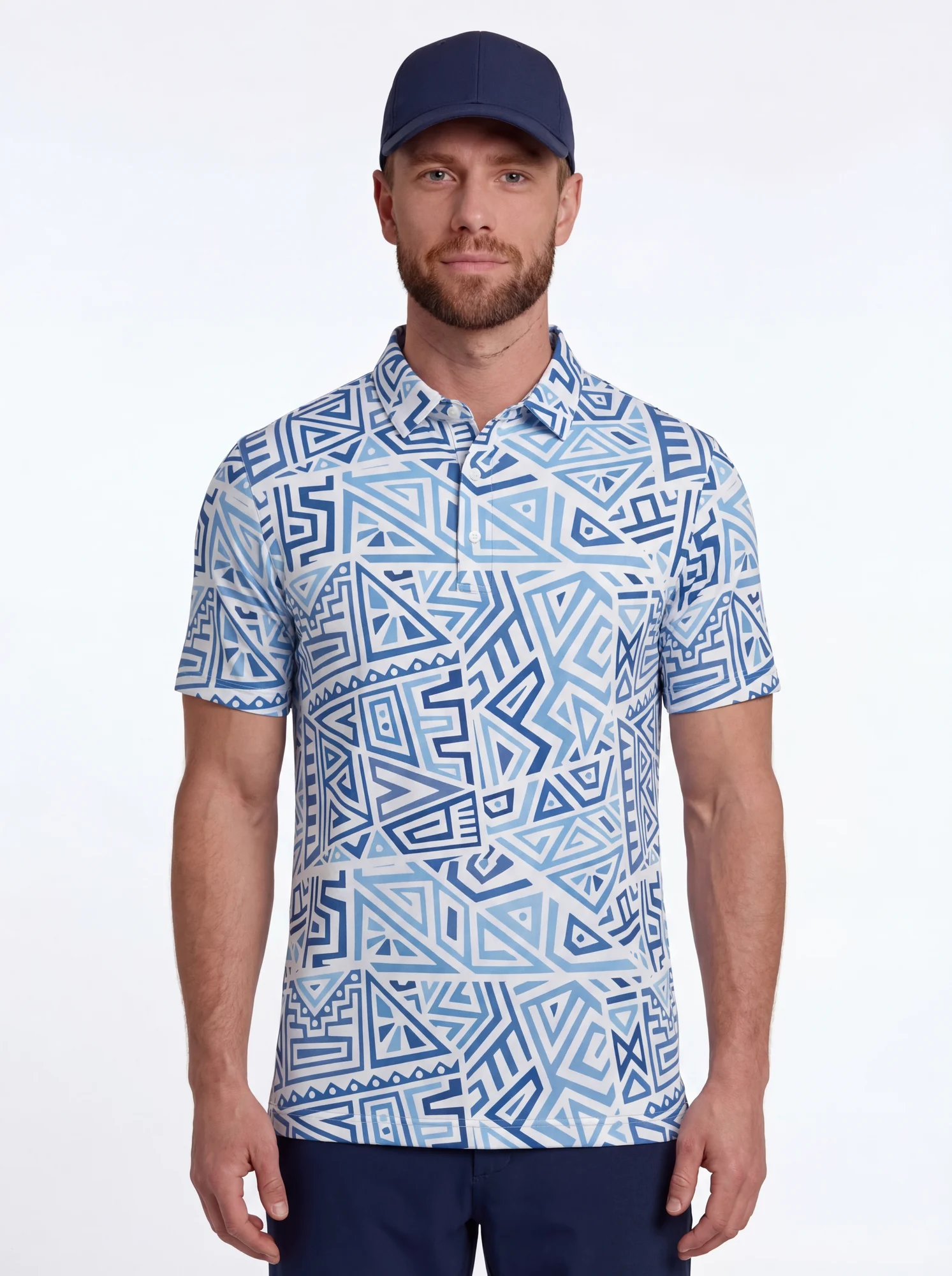 Men's blue geometric maze print polo in white / blue, front view