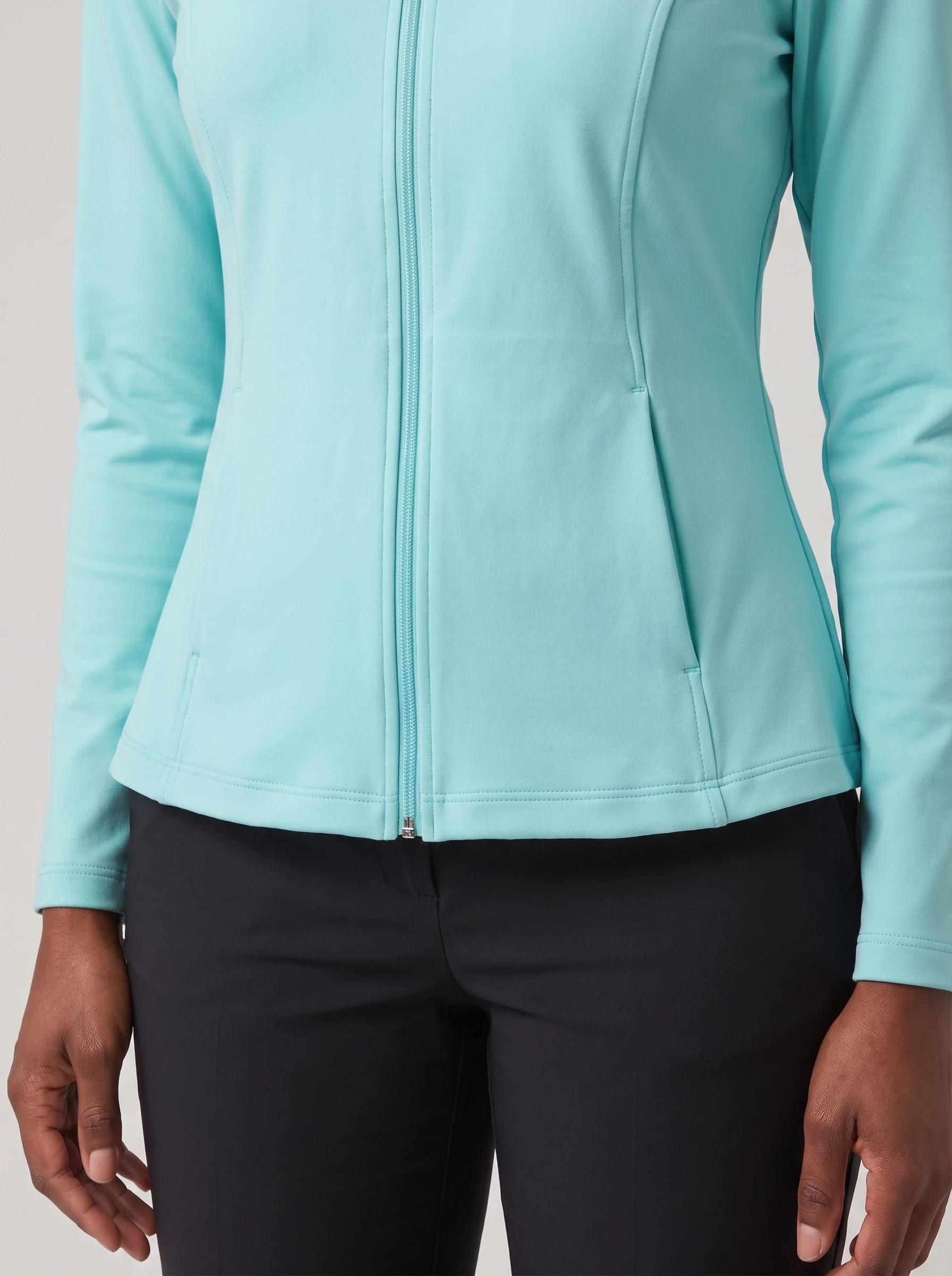 Aqua Peplum Zip Midlayer, women zip tops & midlayers, Peplum waist seam and full zipper detail