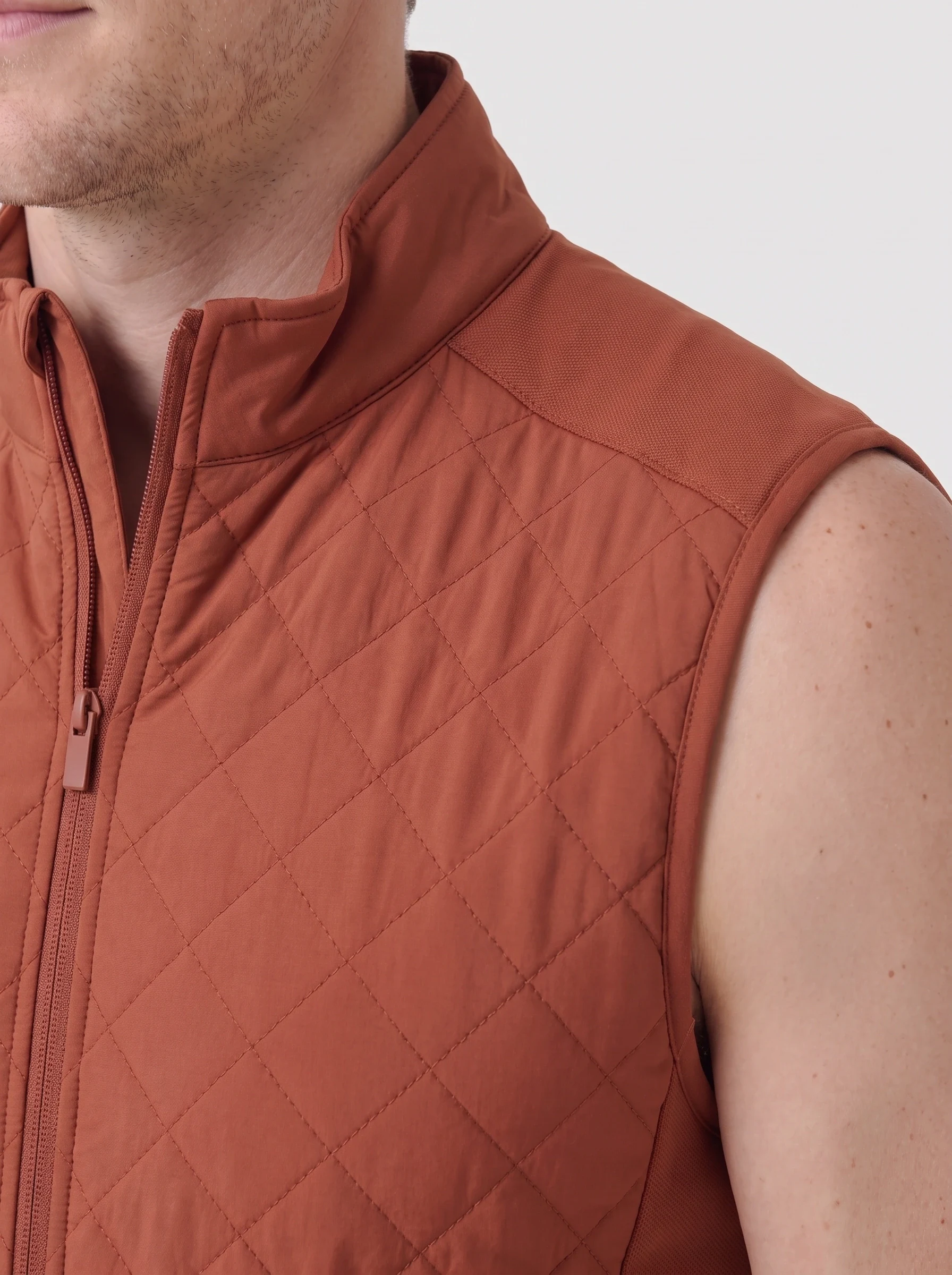Rust Diamond Quilt Golf Vest, men outerwear, Small diamond quilting and shoulder panel join detail