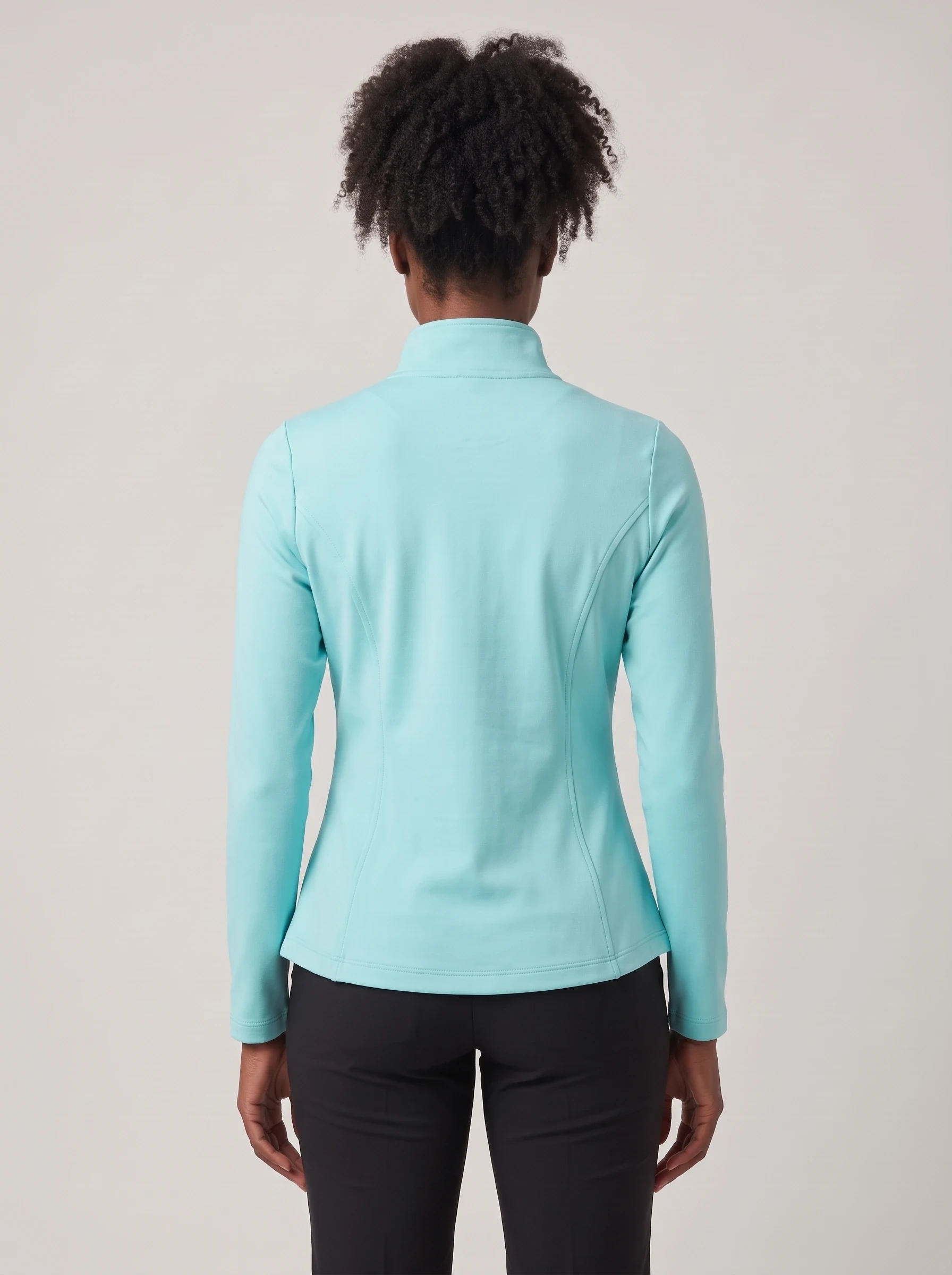 Aqua Peplum Zip Midlayer, women zip tops & midlayers, back view