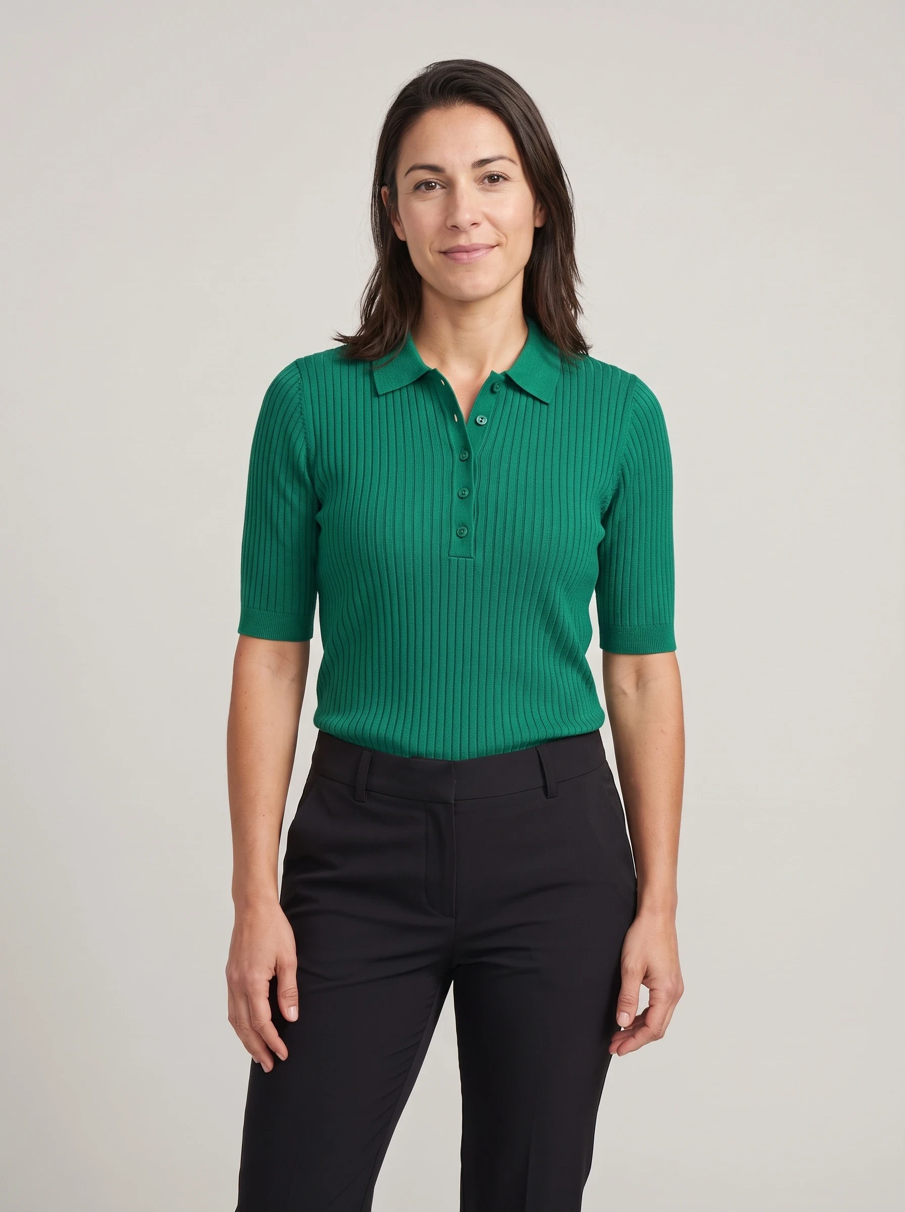 Emerald Ribbed Knit Polo, women solid polos, front view