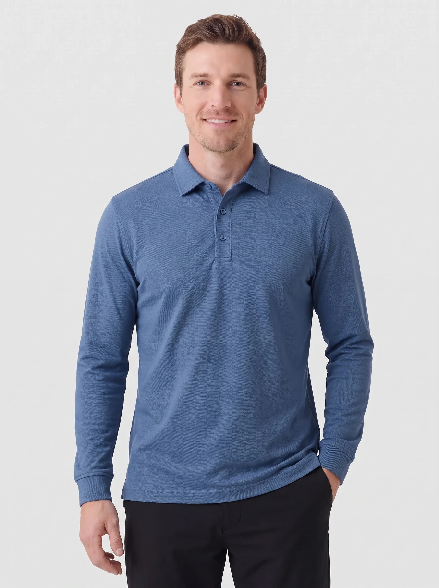 Denim Blue Long Sleeve Pique Polo, men solid polos, front view
