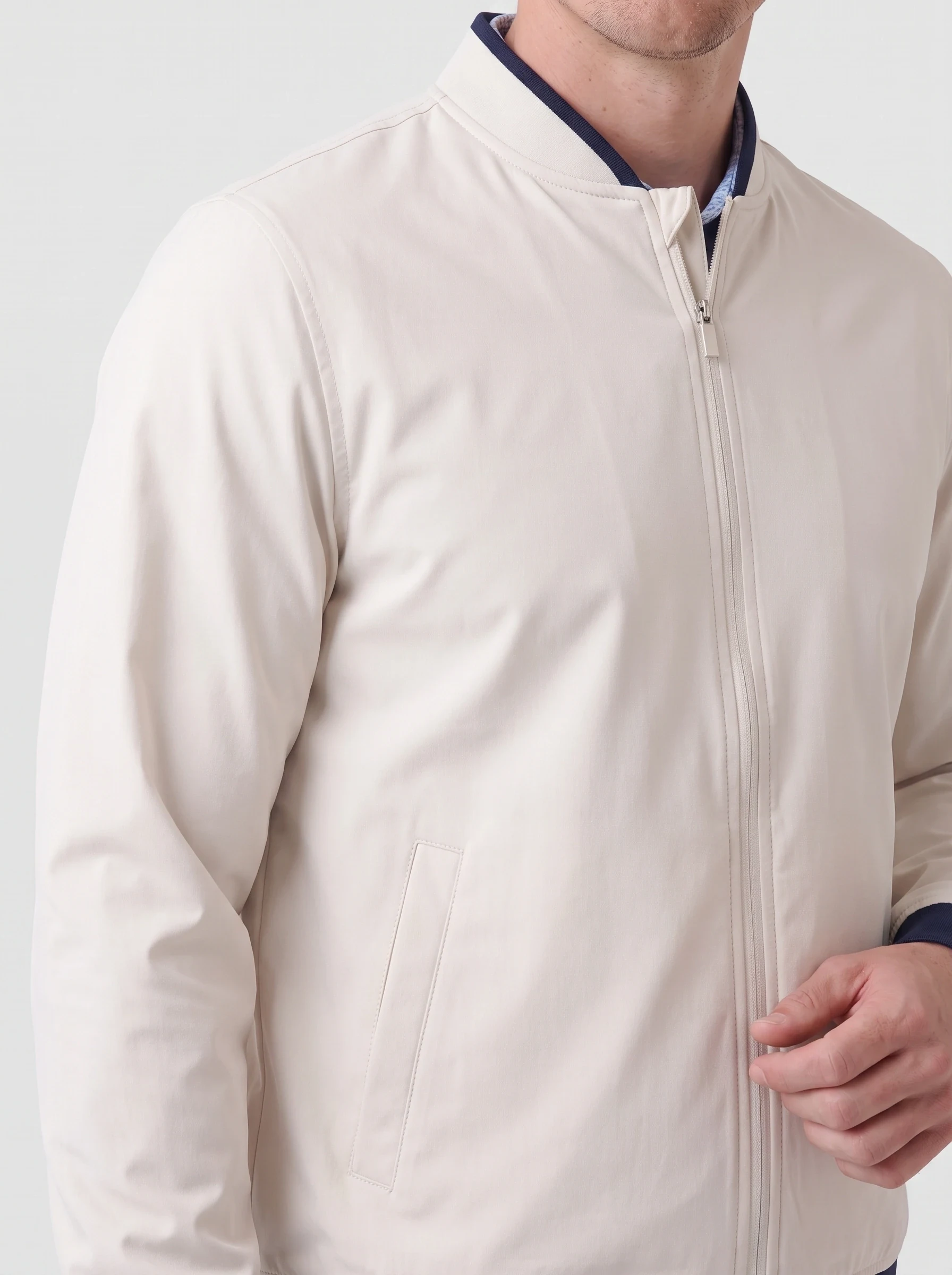 Ivory Bomber Golf Jacket, men outerwear, Rib collar to woven shell join and welt pocket detail