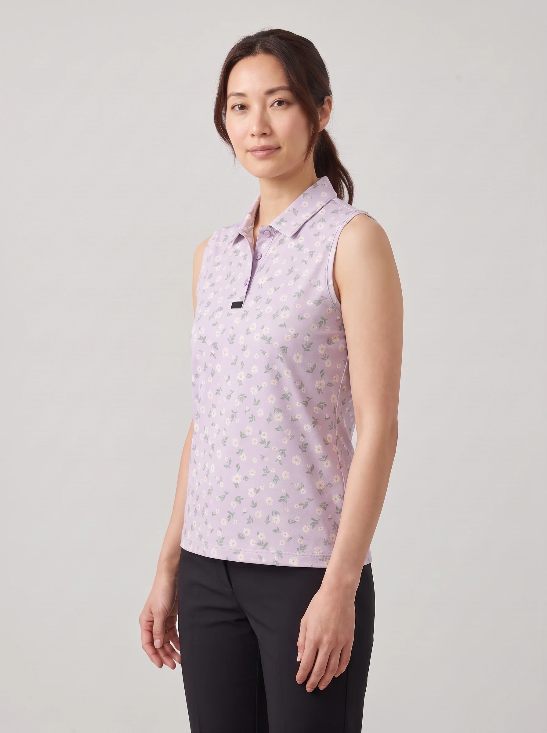 Lilac Meadow Sleeveless Polo, women printed polos, side view