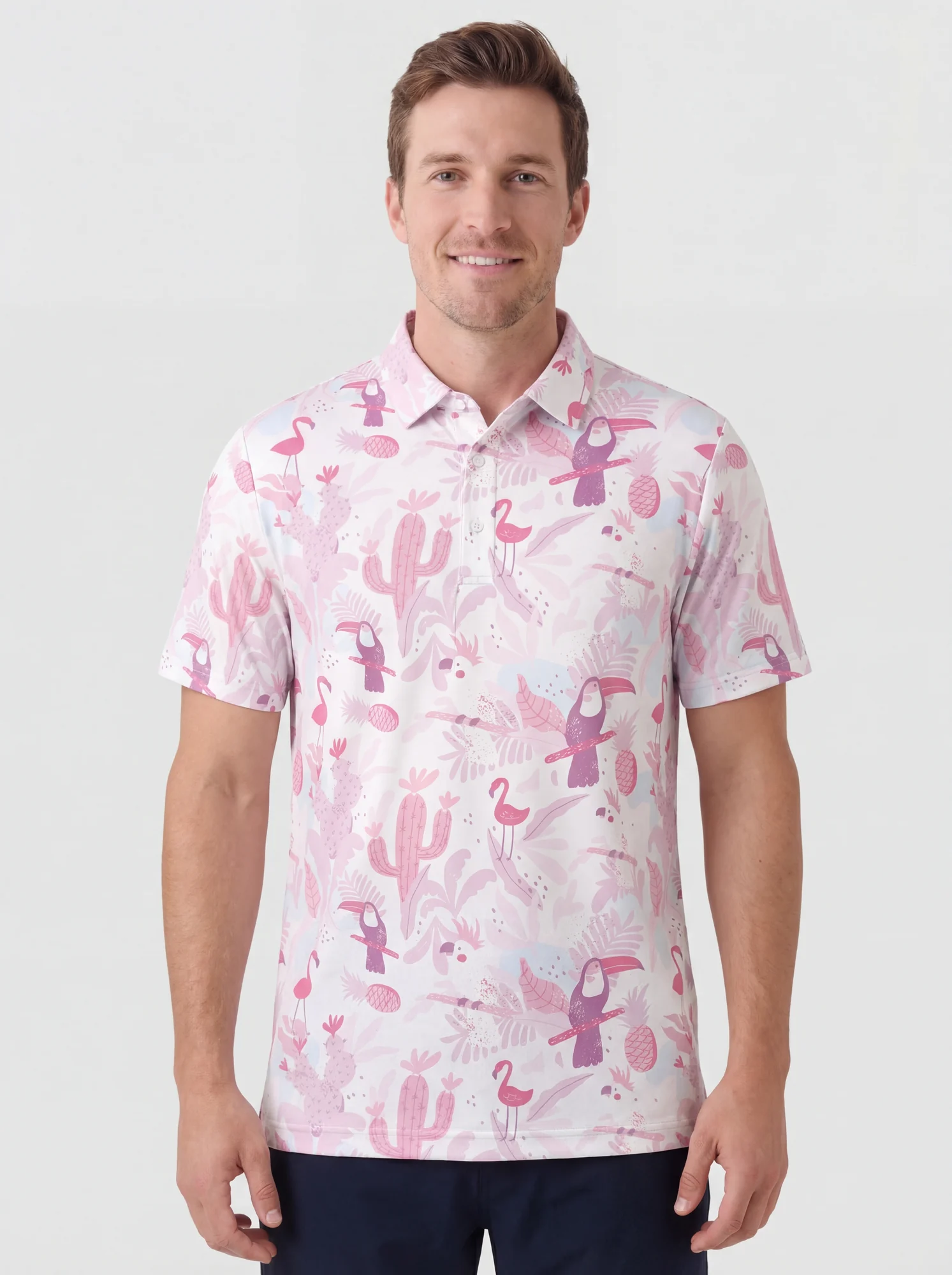 Men's pink flamingo & cactus polo in white / pink, front view