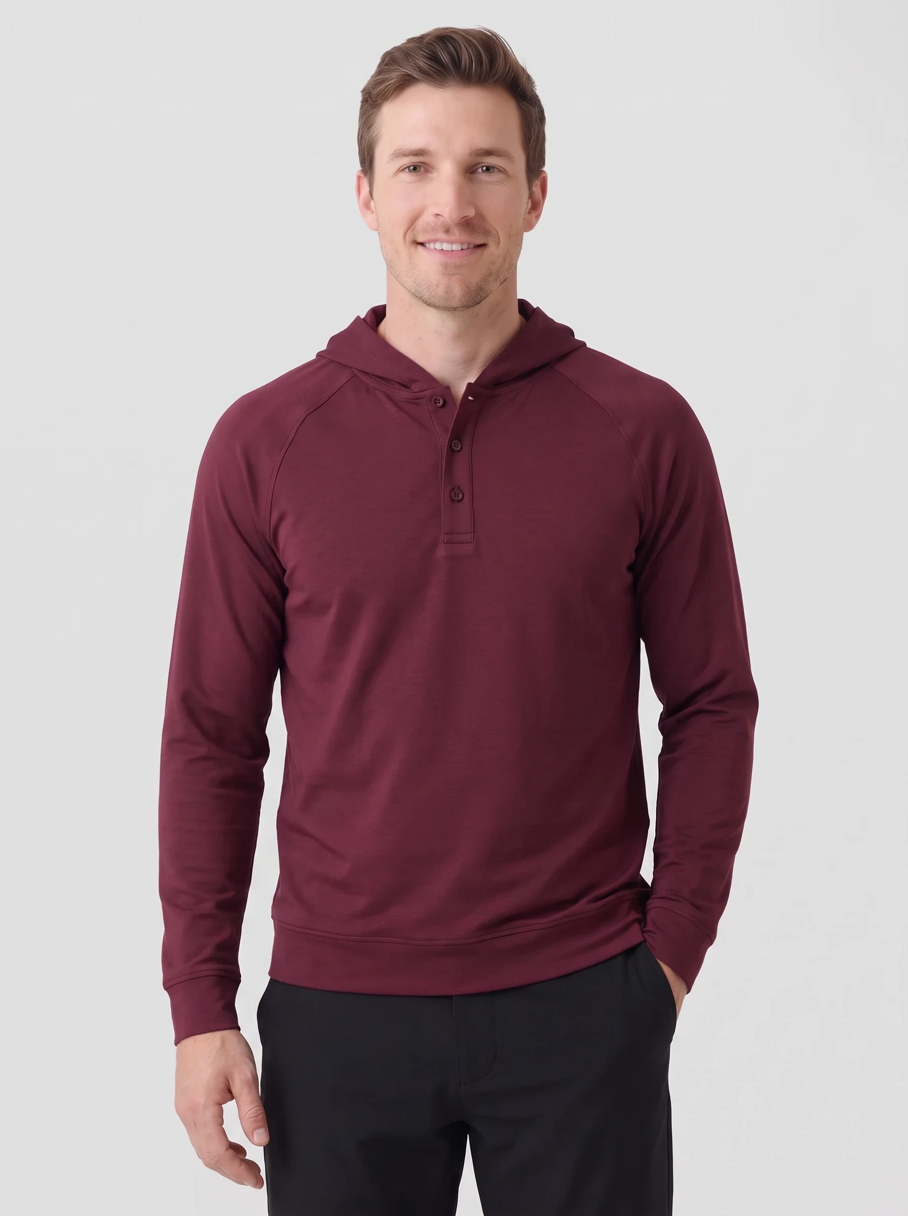 Burgundy Henley Hood Pullover, men hoodies, front view