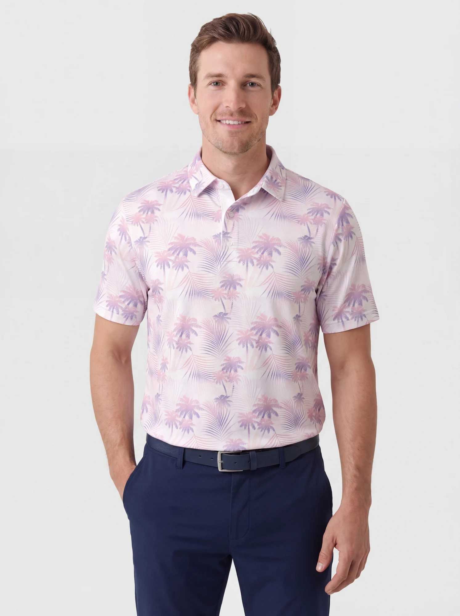 Men's lilac palm landscape print polo in white / lilac / pink, front view